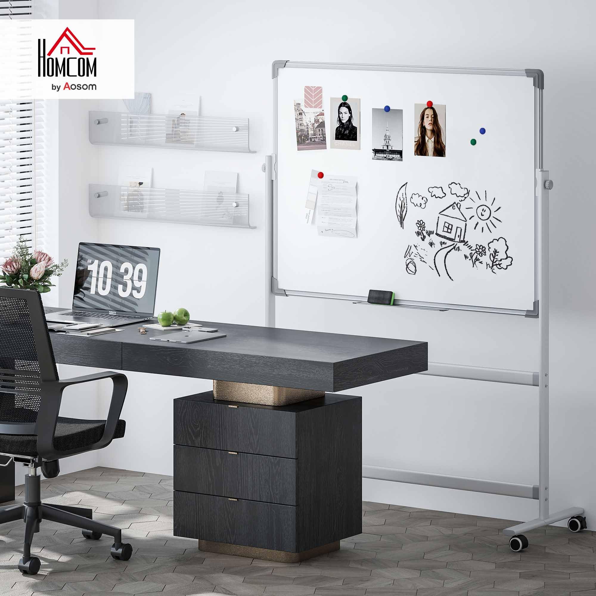 HOMCOM Tableau blanc magnétique double face, tableau blanc effacable rotatif mobile avec support, aimants, marqueurs, gomme et roulettes pour bureau à domicile, salle de classe, blanc