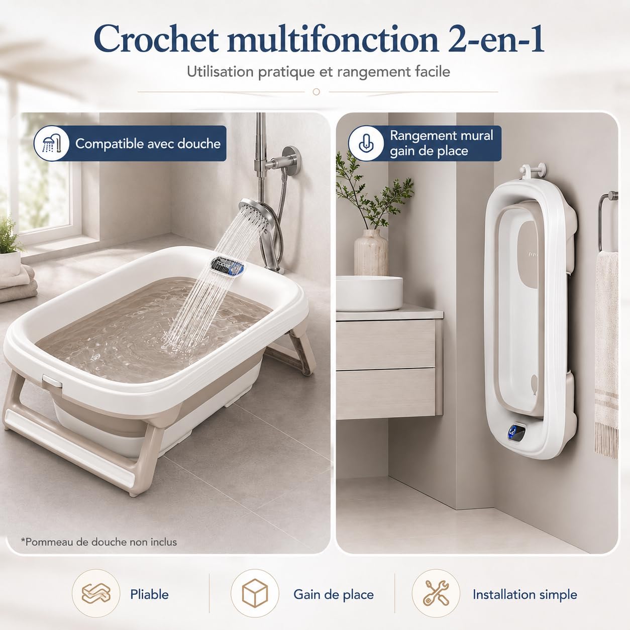 Baignoire Bébé Pliable XXL 86cm avec Thermomètre Intégré, 0-4 Ans, Coussin de Bain Doux amovible, Bonde de vidange, Design Antidérapant et Gain de Place, Crochet de Suspension Rétractable