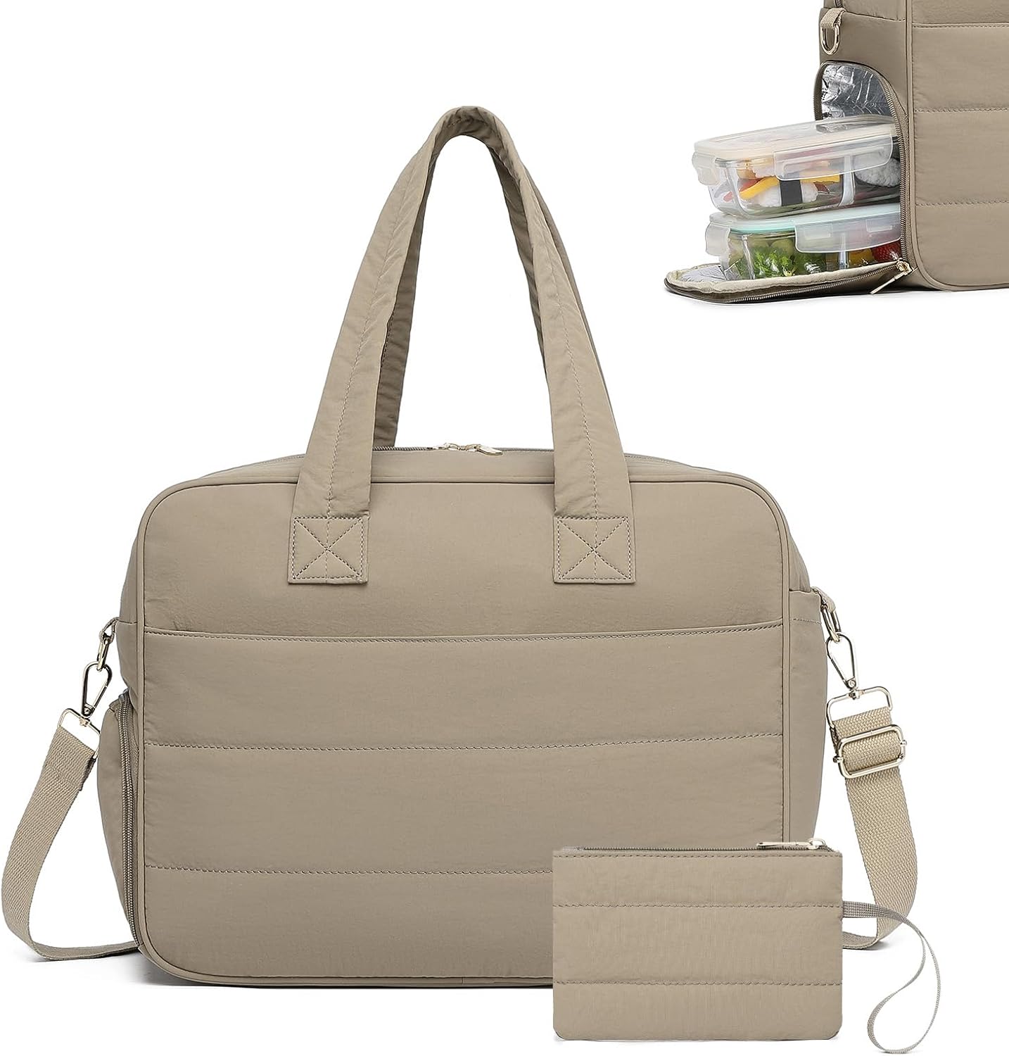 Lunch Tote Bag for Women Work, 17.3 Inch Laptop Purse with Insulated Lunch Compartment Coin Wallet for Meal, Large Puffy Quilted Travel Duffle Bag Black