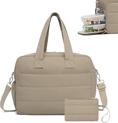 Lunch Bags for Women Work, 15.6 Inch Laptop Tote Combo with Insulated Lunch Compartment Coin Purse for Meal, Large Quilted Travel Duffle Bag