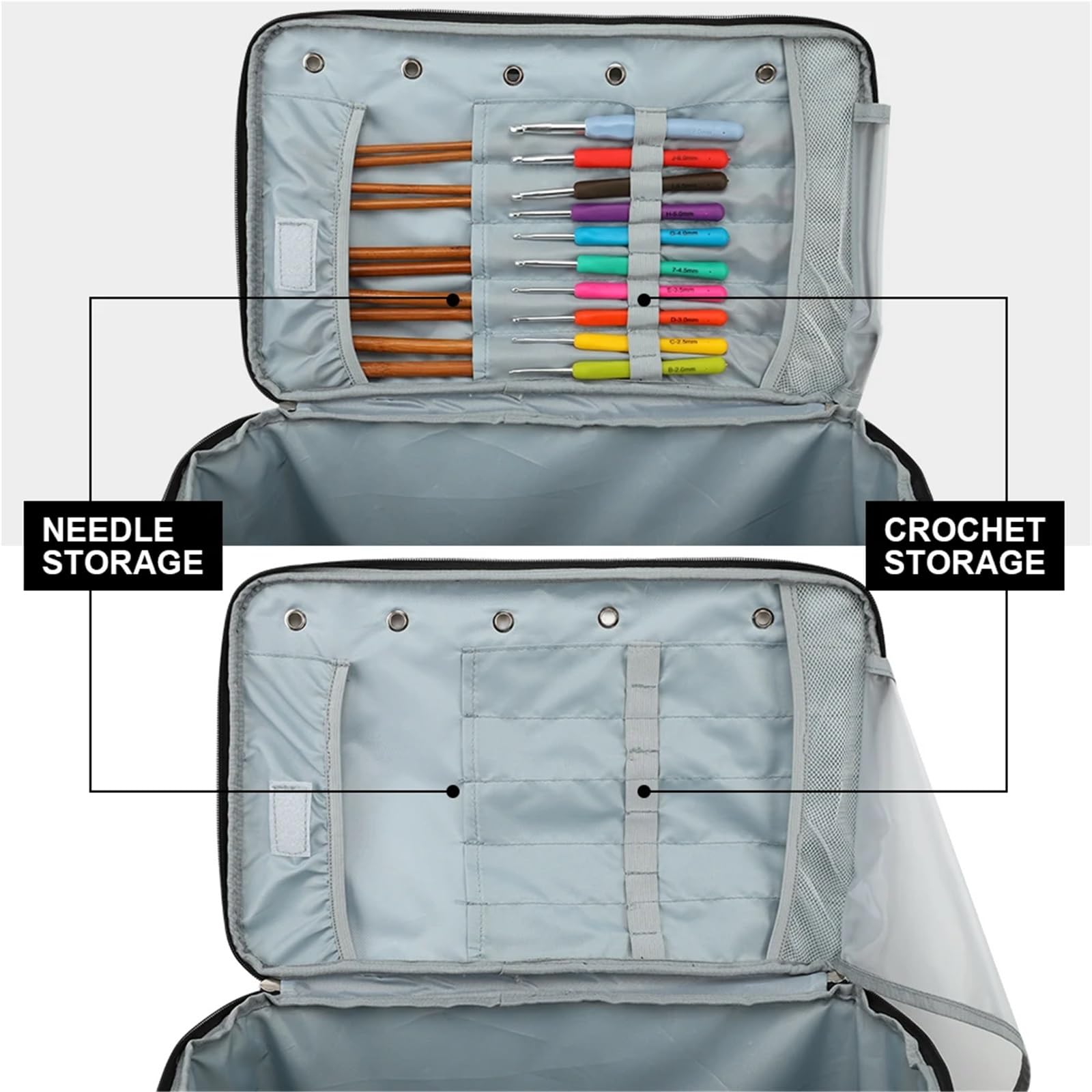 Bolsa para Utensilios de Tejer Bolsa de almacenamiento for lanas con correa for el hombro, bolso de mano tejido de tela Oxford Visible, ganchos de tejer impermeables, bolsas(Gray)