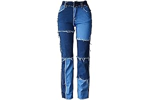 Women Patchwork Jeans: Fashionable Y2K Raw Hem Boyfriend Pants