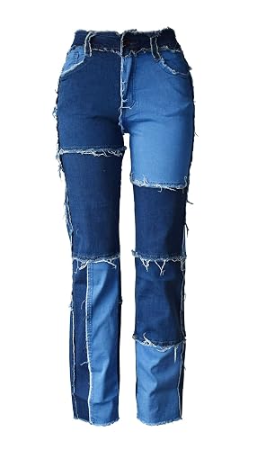 Aodrusa Women Frayed Patch Jeans High Waist Raw Hem Denim