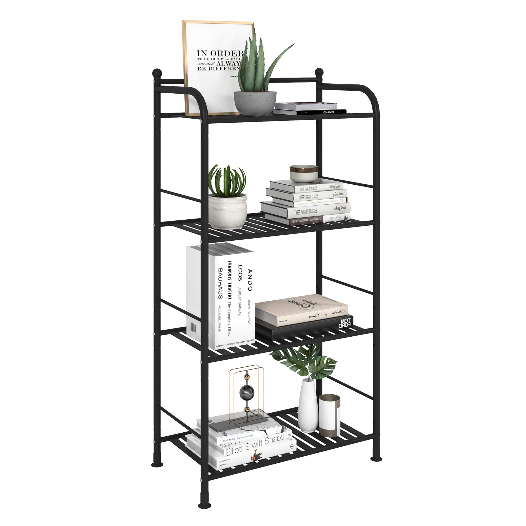 FKUO 4 Tier Bathroom Storage Open Shelf Unit, Free-Standing Metal Corner Rack Shelving for Kitchen, Living Room, Hallway (Matte Black, 4 Tier)
