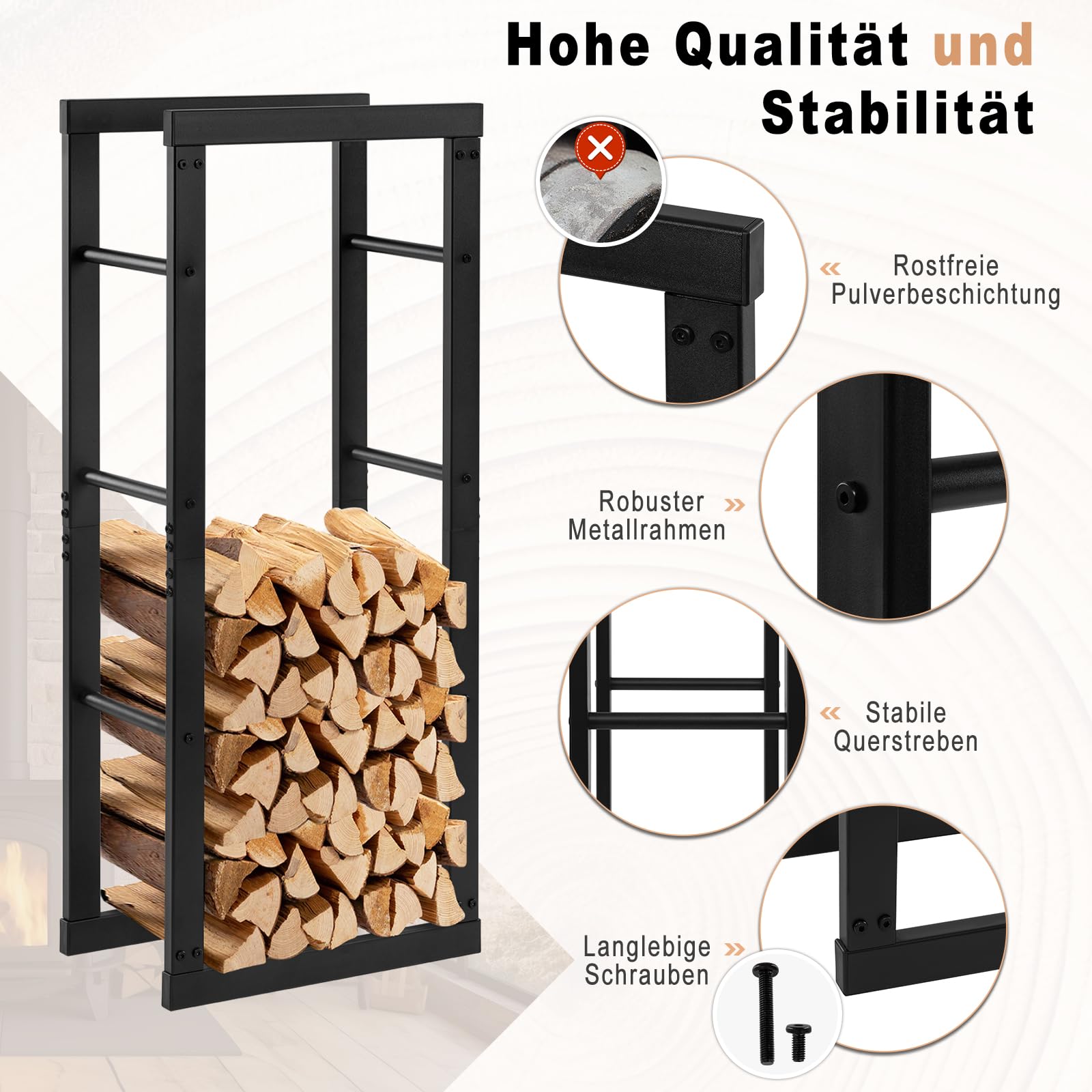 Laneetal Portalegna da Interno 40x25x100 cm Metalowy Stojak na Drewno Kominkowe Czarny