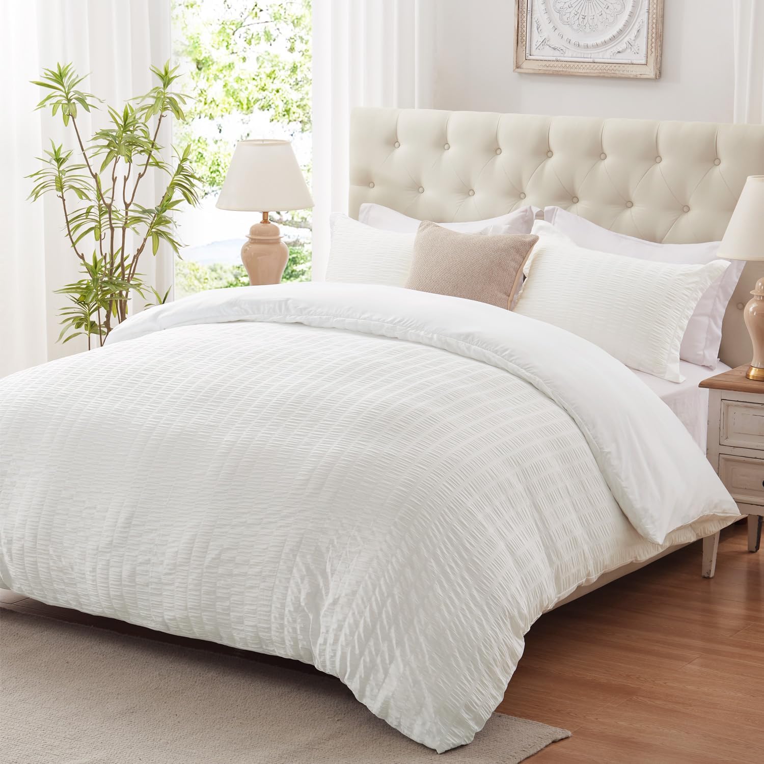 cozyide White Twin Duvet Cover, 2 Pieces Bedding Duvet Covers, Soft Breathable Seersucker Duvet Cover Set with Zipper Closure and Corner Ties (1 Duvet Cover 68"x90" + 1 Pillow Sham 20"x26")