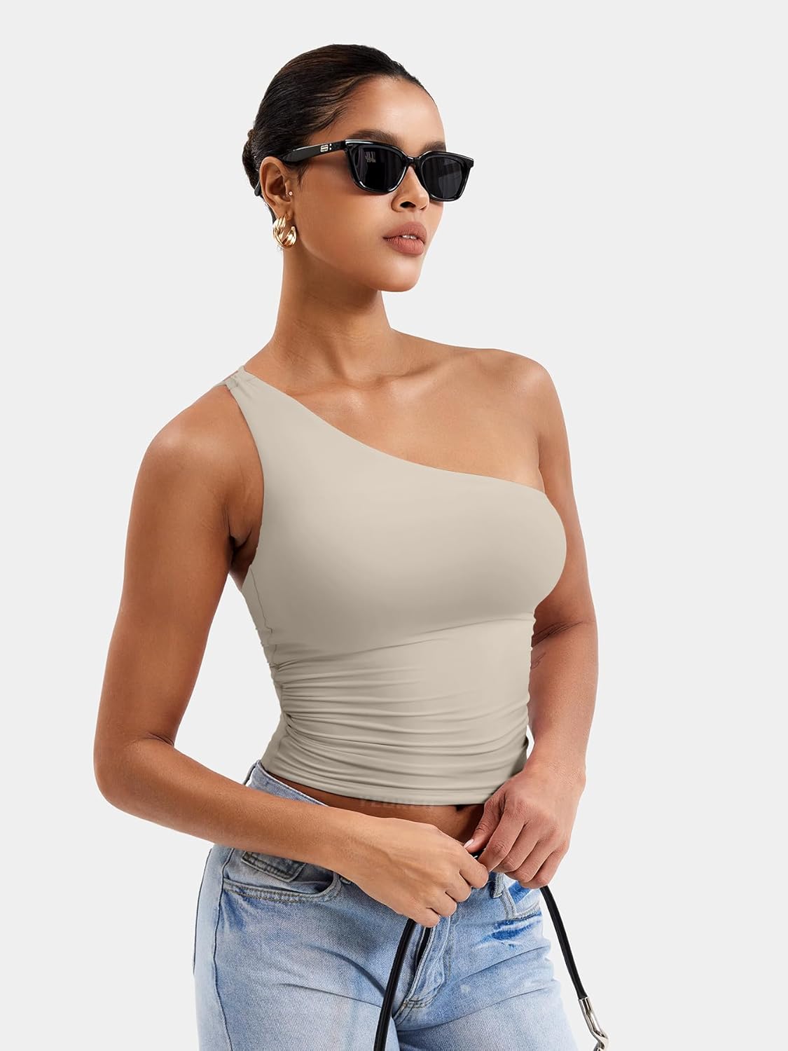 YEOREO Womens One Shoulder Tops Sleeveless Going Out Tank Top Fanciy Double Lined Cropped Tee Y2K Summer Shirts Slim Fit - Image 4