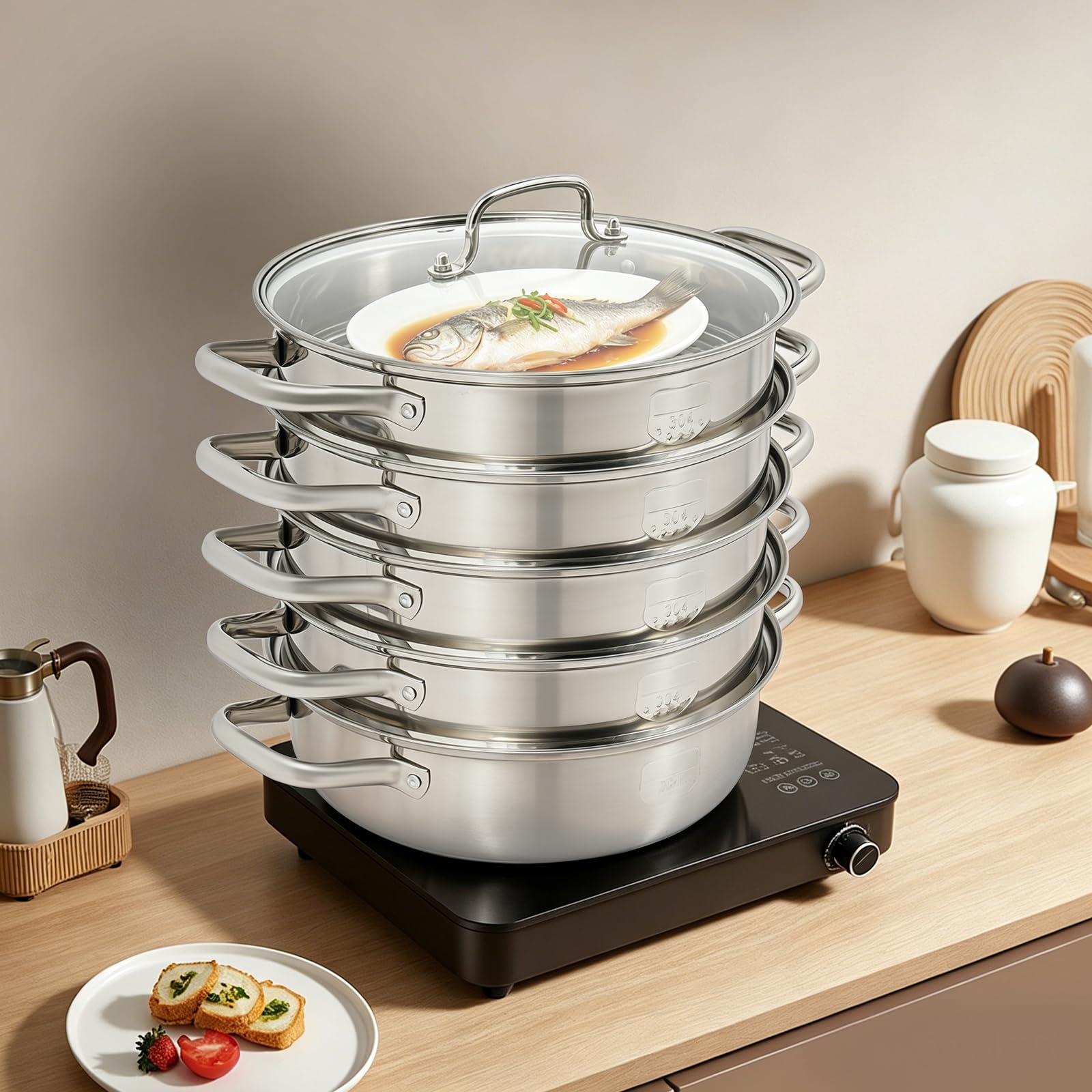 Dampfkochtöpfe mit Deckel - 28cm Edelstahl-Dampfkochtopf, mit 4 Dampfkorb Können 5-Stöckiger Dampfgarer zum Garen von Gemüse, Meeresfrüchten, Suppen, Eintöpfen und Nudeln