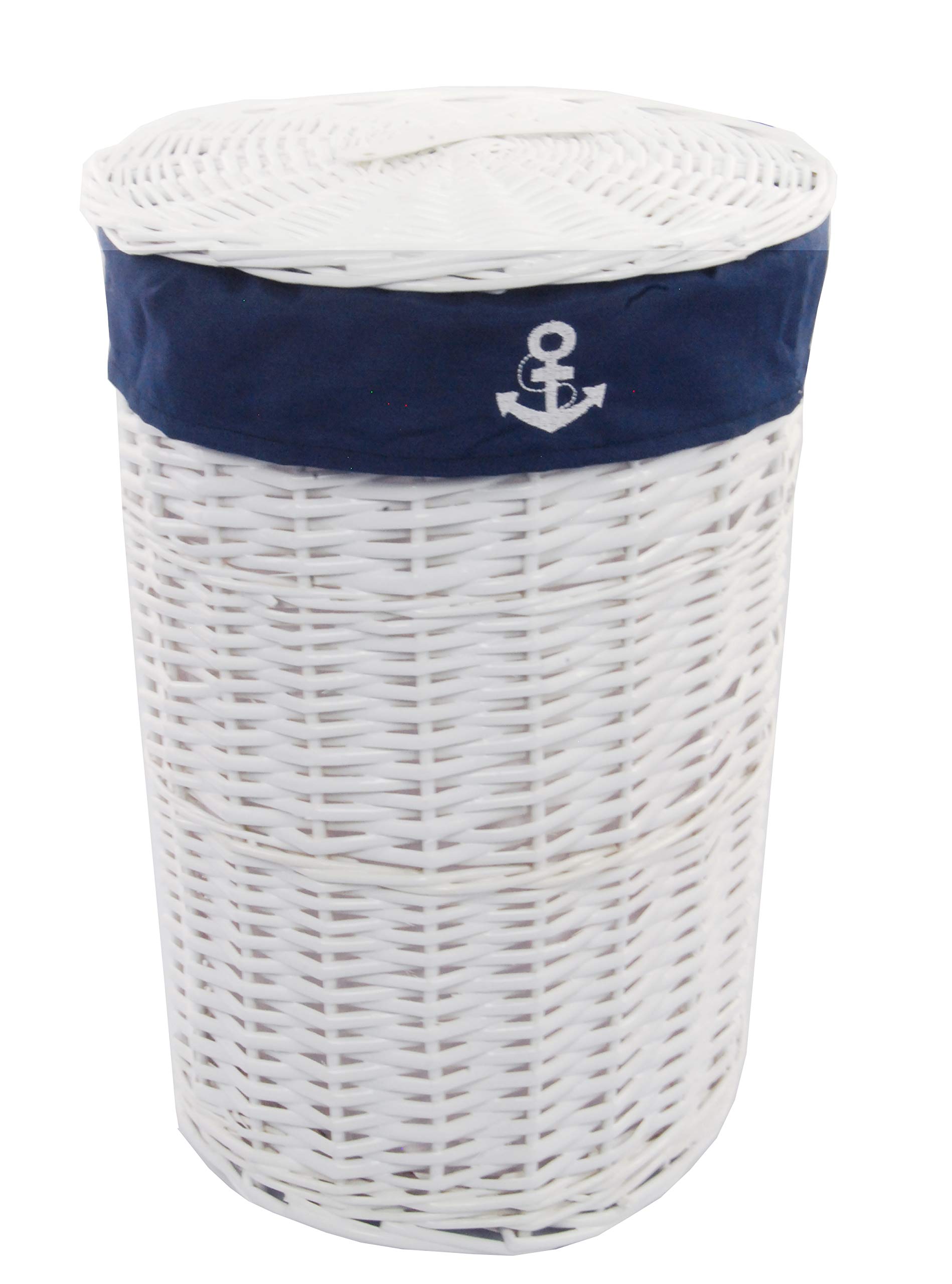 SWWK-38WRd-a - Cesto portabiancheria, in vimini, con coperchio, diametro 32 cm, altezza 47 cm, altezza 47 cm, colore: Bianco/Blu
