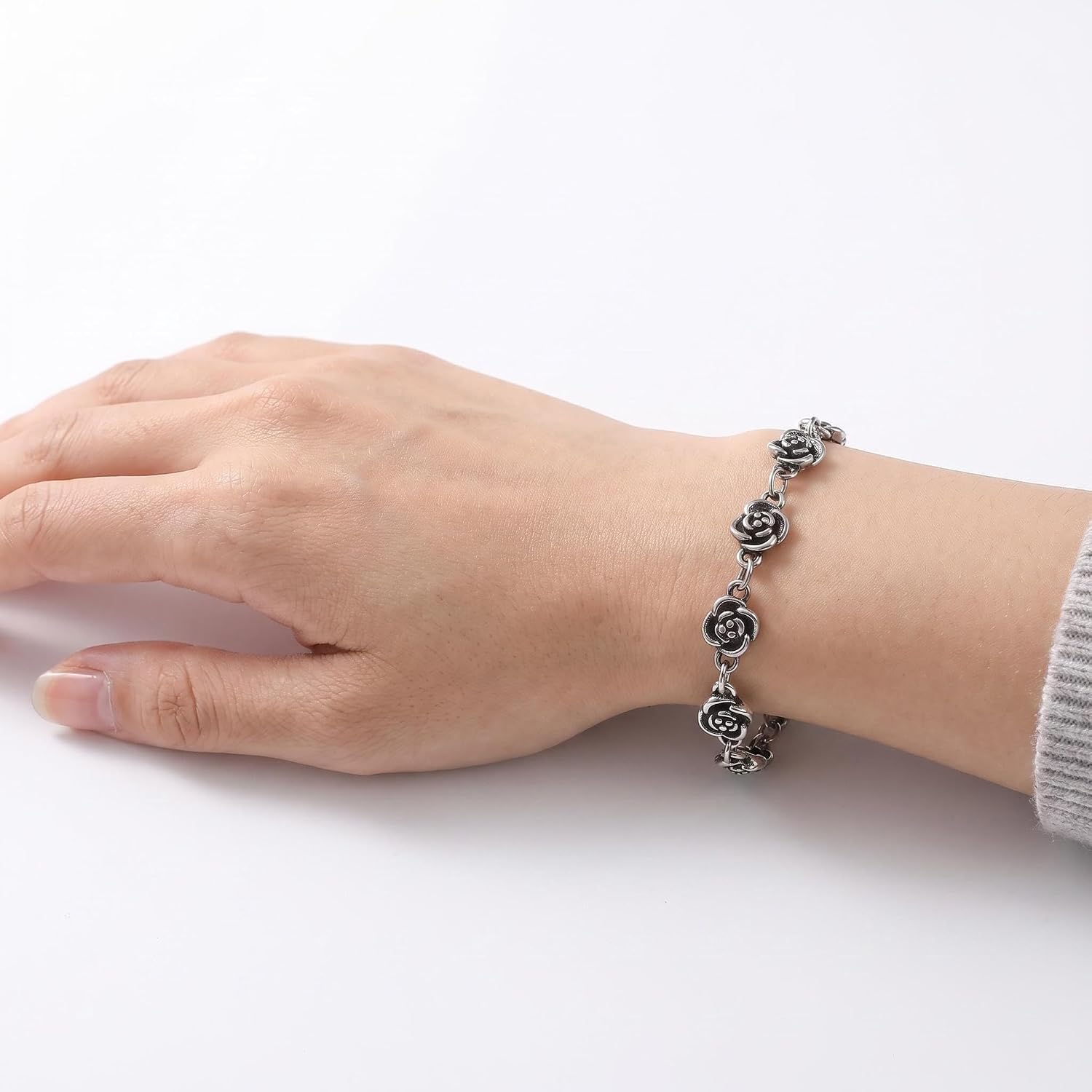 Silver Rose Flower Bracelet, Stainless Steel Dainty Floral Link Bracelet for Women