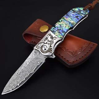 AUBEY EDC Damascus Pocket Knife with Leather Sheath, Abalone Shells Handle, Handmade Damascus Steel Folding Knives with Clip for Everyday Carry, Excellent Gifts for Men Women Hunting