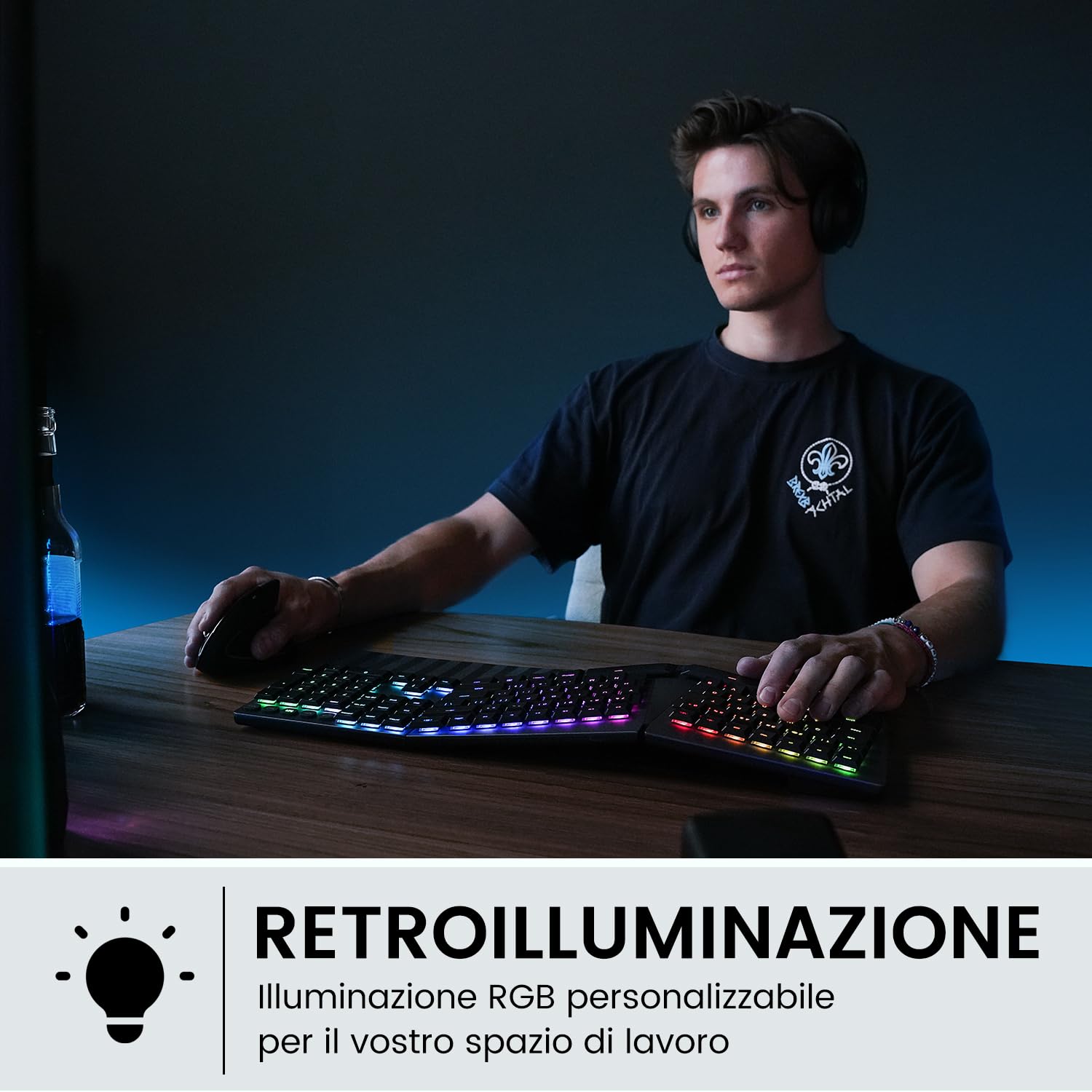 Perixx PERIBOARD-835RD – Tastiera Meccanica Wireless Ergonomica RGB, Switch Lineari Rossi Profilo Basso, Multi-Dispositivo (Windows/Mac), Layout Italiano