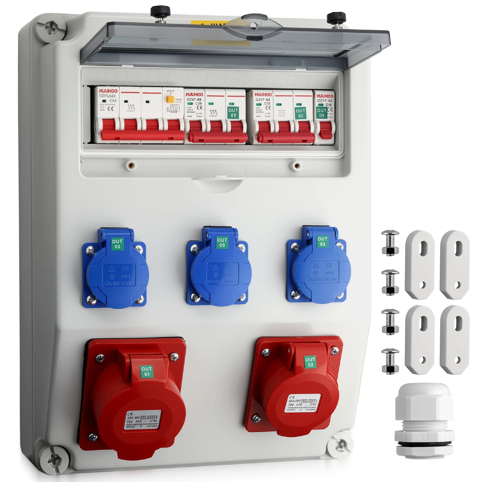 CAMWAY Baustromverteiler, Stromverteiler mit LS+FI, 3x 230V Schuko, 1x 16A/32A CEE- Steckdosen Professionelle Verdrahtung, IP66 Wasserdicht, Robuste ABS Verteiler für Innen & Außen Baustellen Garagen