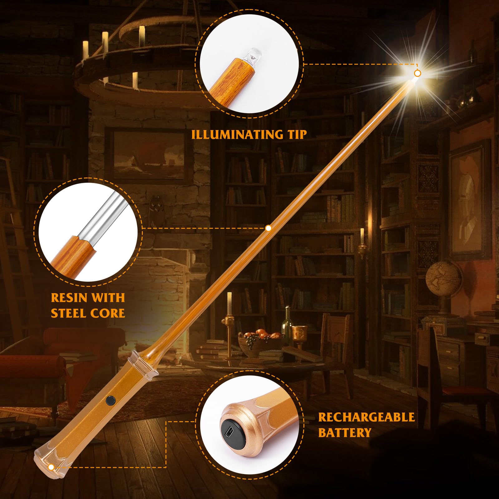 WinSence Light Up Magic Wizard Wand Rechargeable Illuminating Golden Wands for Witches Kids Boys Girls Party Gift Lamp product thumbnail 5