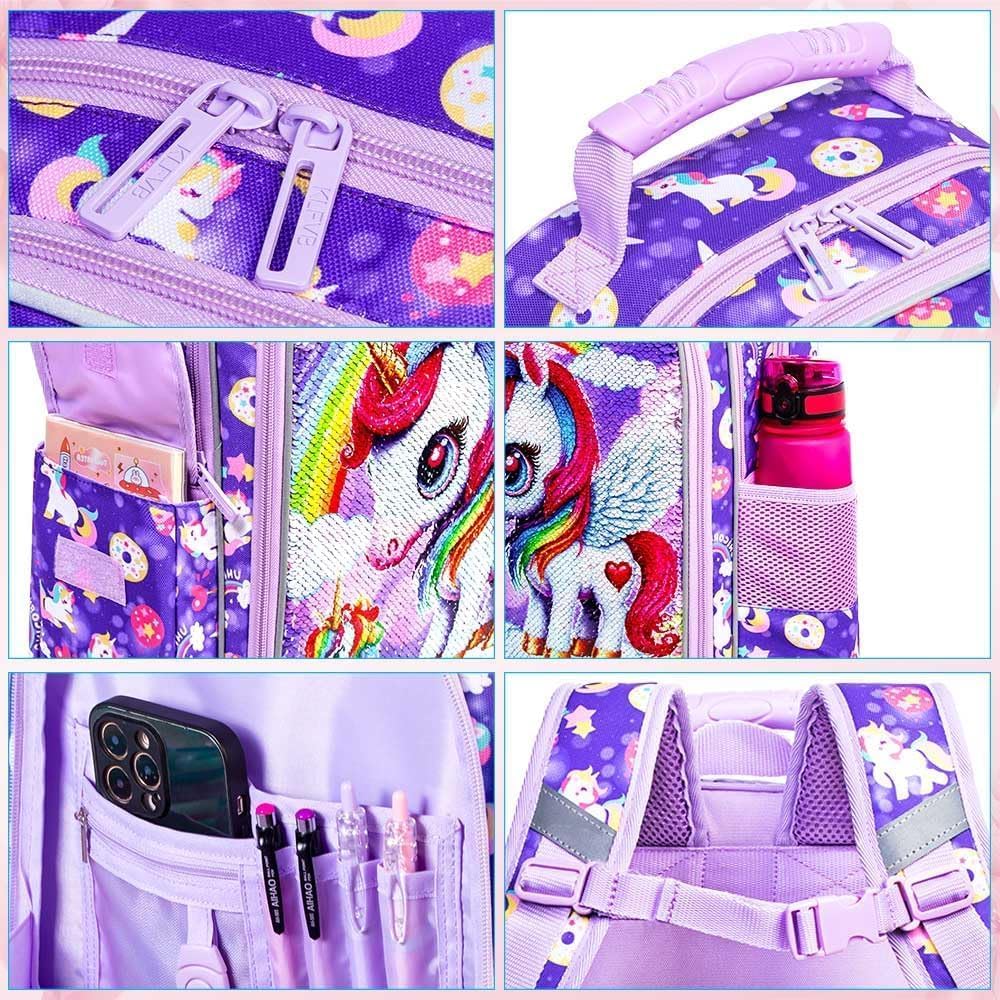 UFNDC 3PCS Unicorn Backpack for Girls, 16”Kids Sequin Bookbag with Lunch Box, Water Resistant School Bag for Elementary Preschool Toddler - Image 5