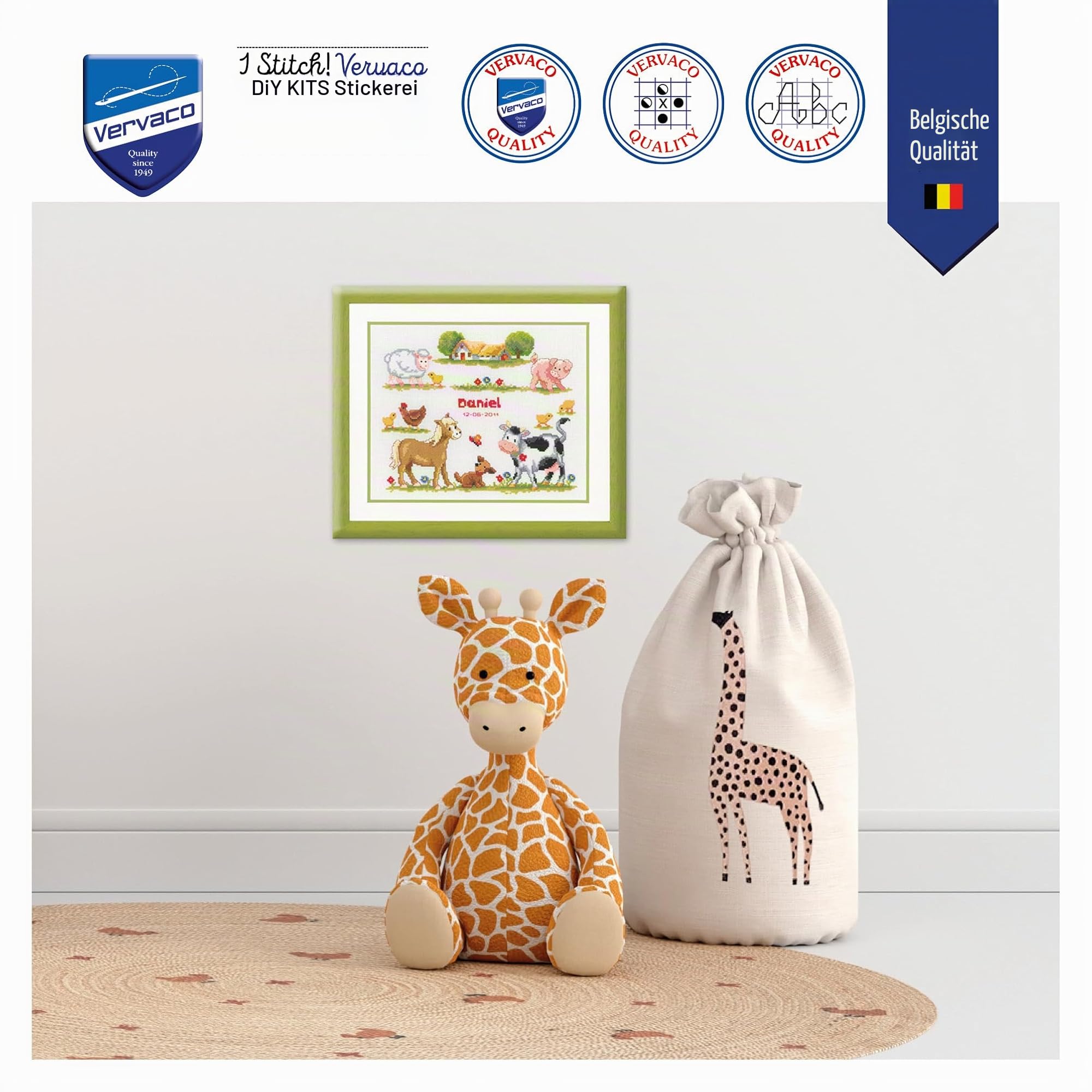 Vervaco Gezählter Kreuzstich Stickpackungen Stickset Baby Geburt Nutztiere Wanddekoration Handarbeit Set für Erwachsene Kreatives Handwerk ca. 27 x 23 cm Geburt Geschenk Hausdeko