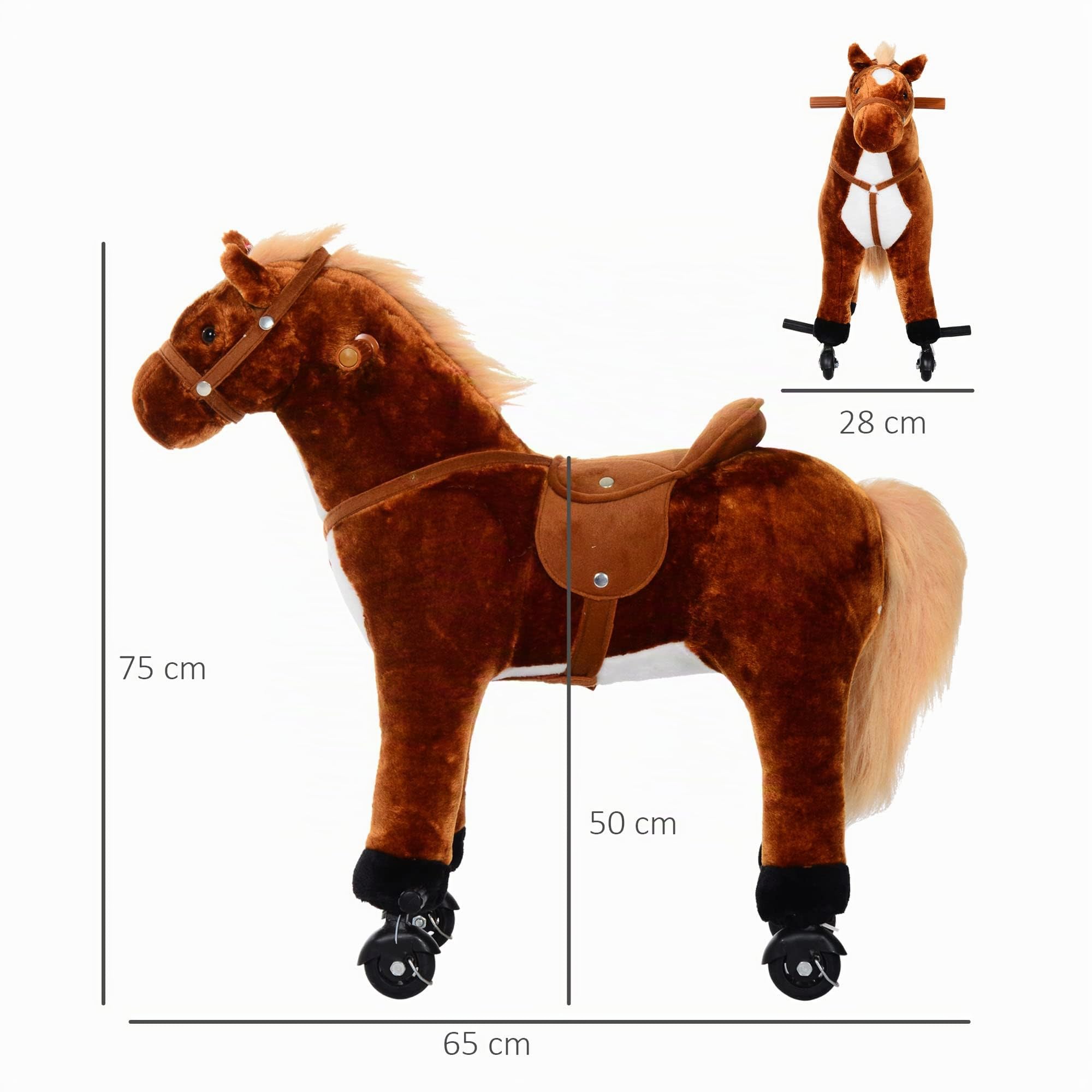 Cavallo Giocattolo Cavalcabile in Peluche con Suoni e Ruote Marrone