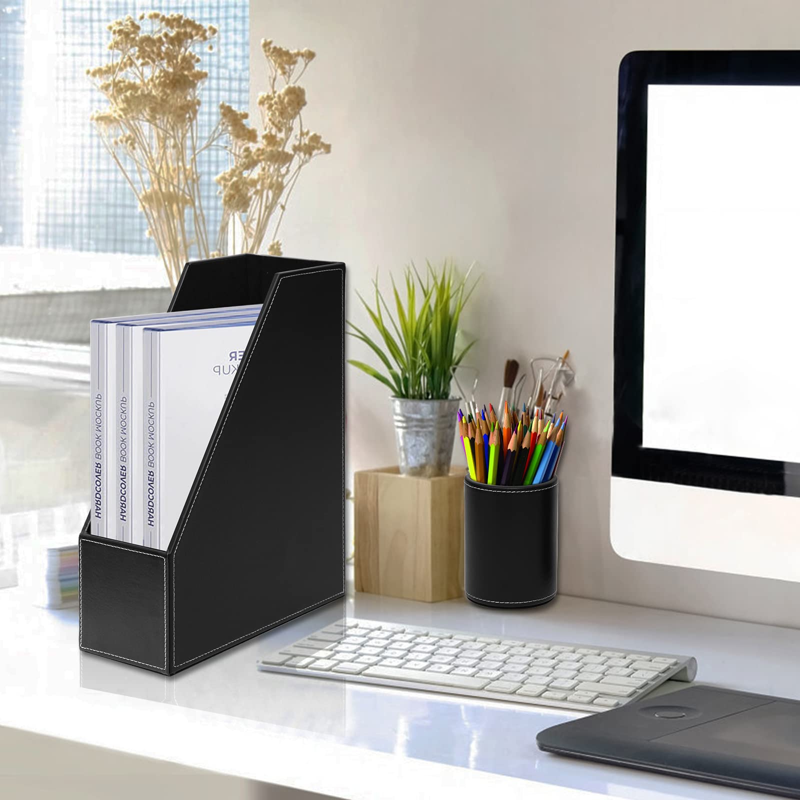 Büro Schreibtisch-Organizer,Luxus Leder Geschenk 6-teilig,inkl Schreibtischunterlage,A4 Leder Briefablage,Stiftebecher,Zeitschriftenhalter,Postfach,Nachrichtenfach,Schwarz