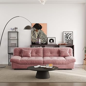 JACH 105" Oversized Deep Sectional Couch, Minimalist Love Seat Couches, Sectional Sofas with Thick Cushion, Comfy Corduroy Sofa with Two Pillows for Living Room/Apartment Pink