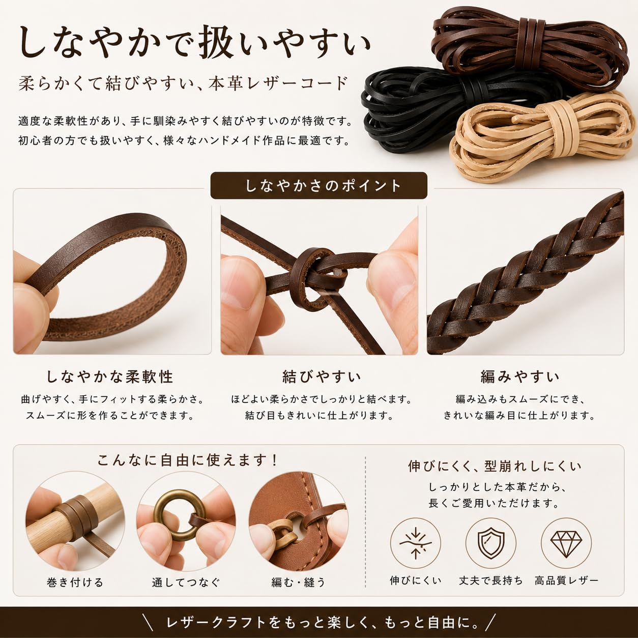 Amazon.co.jp: MIND ITEMS 本革 牛革 レザーコード 幅3mm 厚さ2mm 長さ