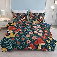Vista 111 de SOULZZZ Juego de ropa de cama retro hippie tamaño matrimonial, edredón floral de hongos margaritas para niñas y mujeres, edredón negro con 2 fundas
