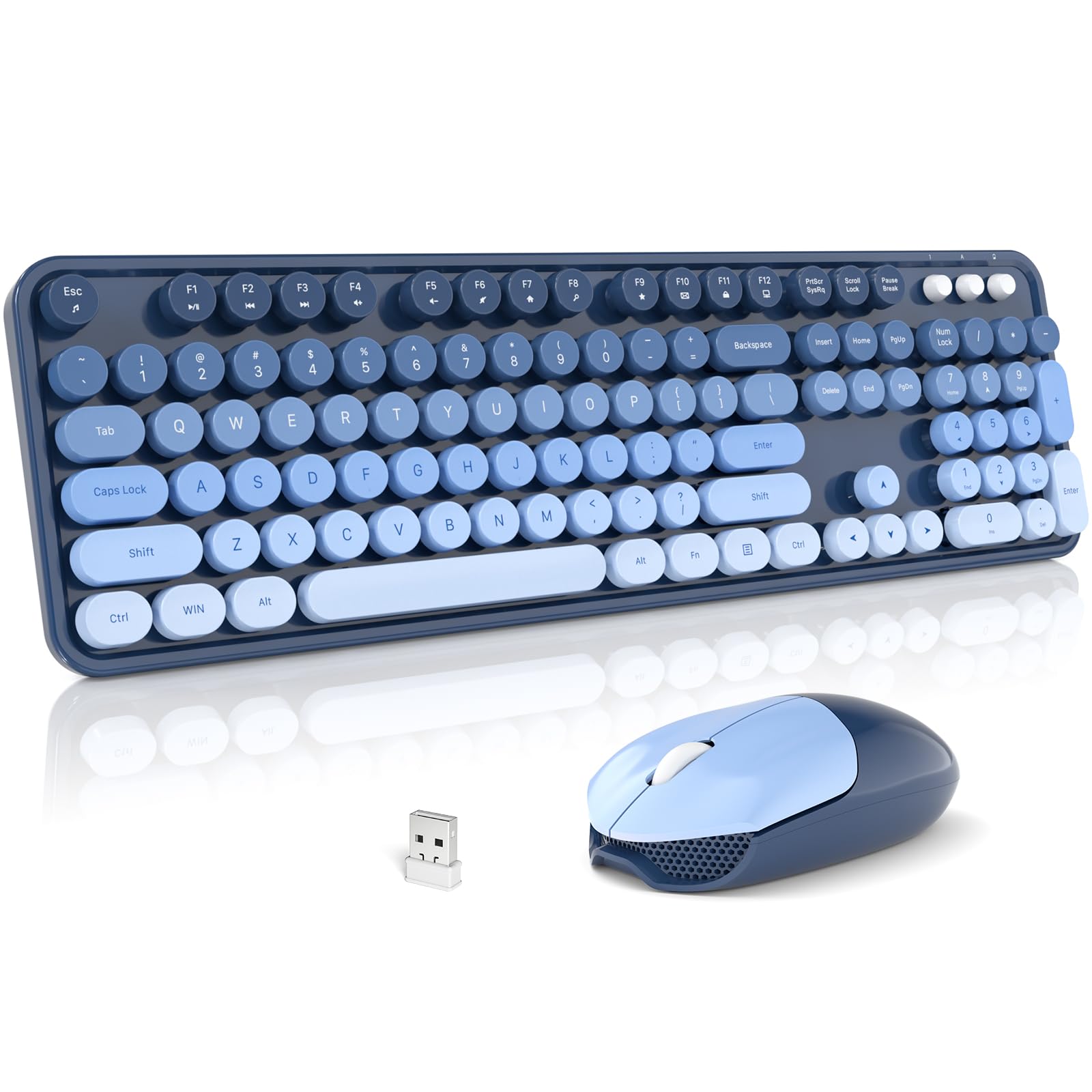 Wireless Keyboard and Mouse Combo, 2.4GHz Gradient Colorful Full-Size Retro Typewriter Keyboard with Wireless Mouse for PC/Desktop/Laptop/Windows (Azure Blue)-picture-17