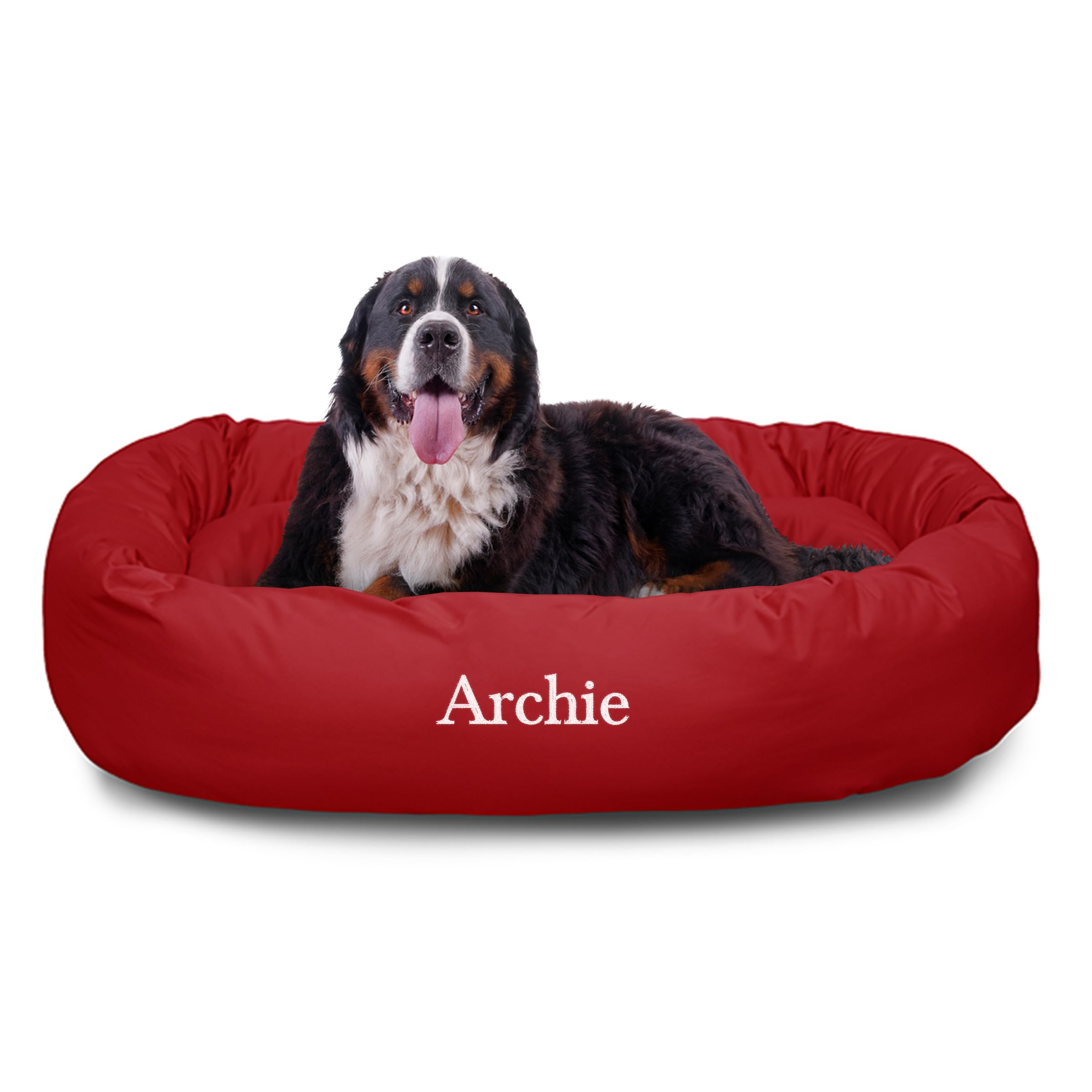 Majestic Pet Personalized 52 Inch Bagel Calming Dog Bed Washable – Cozy Soft Round Dog Bed with Spine Support for Dogs to Rest Their Head - Fluffy Donut Dog Bed 52x35x11 (Inch) - X-Large – Red