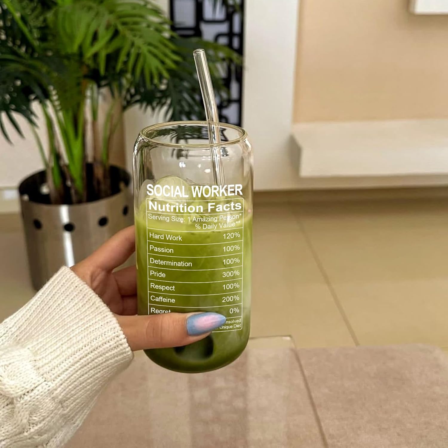 Social Worker Gifts - Glass Cup with Lid and Straw, Social Work Month Appreciation Gifts for Women, Graduation Office Decor, Iced Coffee Cup for Women, 16 oz - Image 5