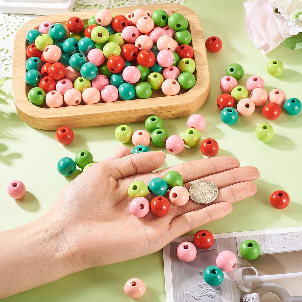 FASHEWELRY 240 Pcs 16 mm Wooden Beads Bulk Green Theme Natural Large Hole Wood Beads for Crafts Round Focal Beads for Keychain Making Kit Bag Charm Kit Home Party Festival Decoration