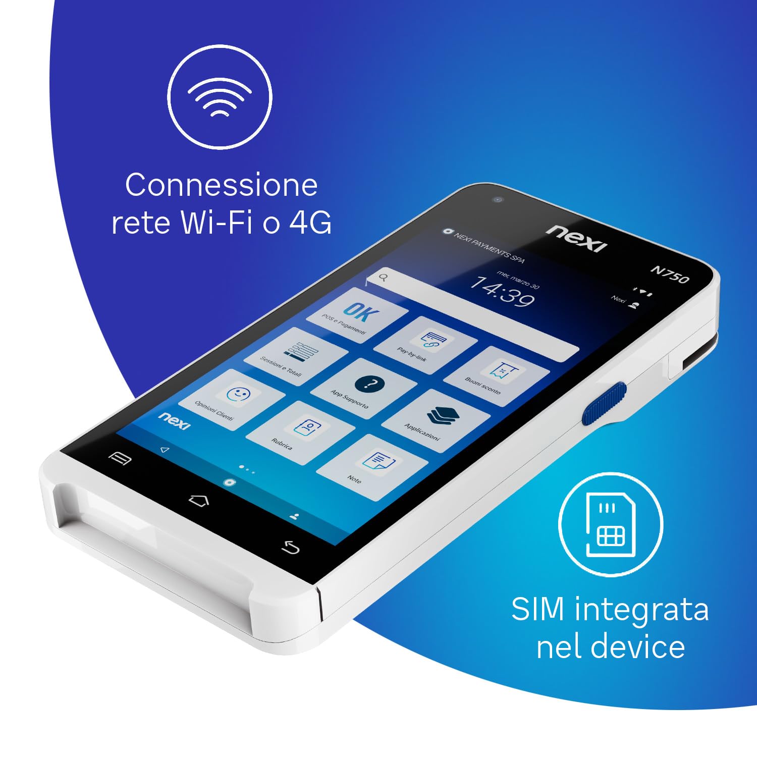 Nexi SmartPOS Mini con Cassa Fiscale integrata, Canone Zero, Pos Portatile Contactless e Lettore Elettronico per Pagamenti con Bancomat, Carta di Credito, Prepagata, Apple Pay e Google Pay