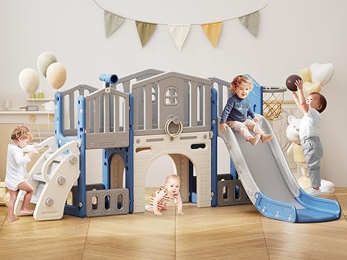 Miniatura 9 de KORIMEFA Juego de toboganes 8 en 1 para niños pequeños de 1 a 3 años, juego de escalador con aro de baloncesto y pelota, patio de juegos para niños