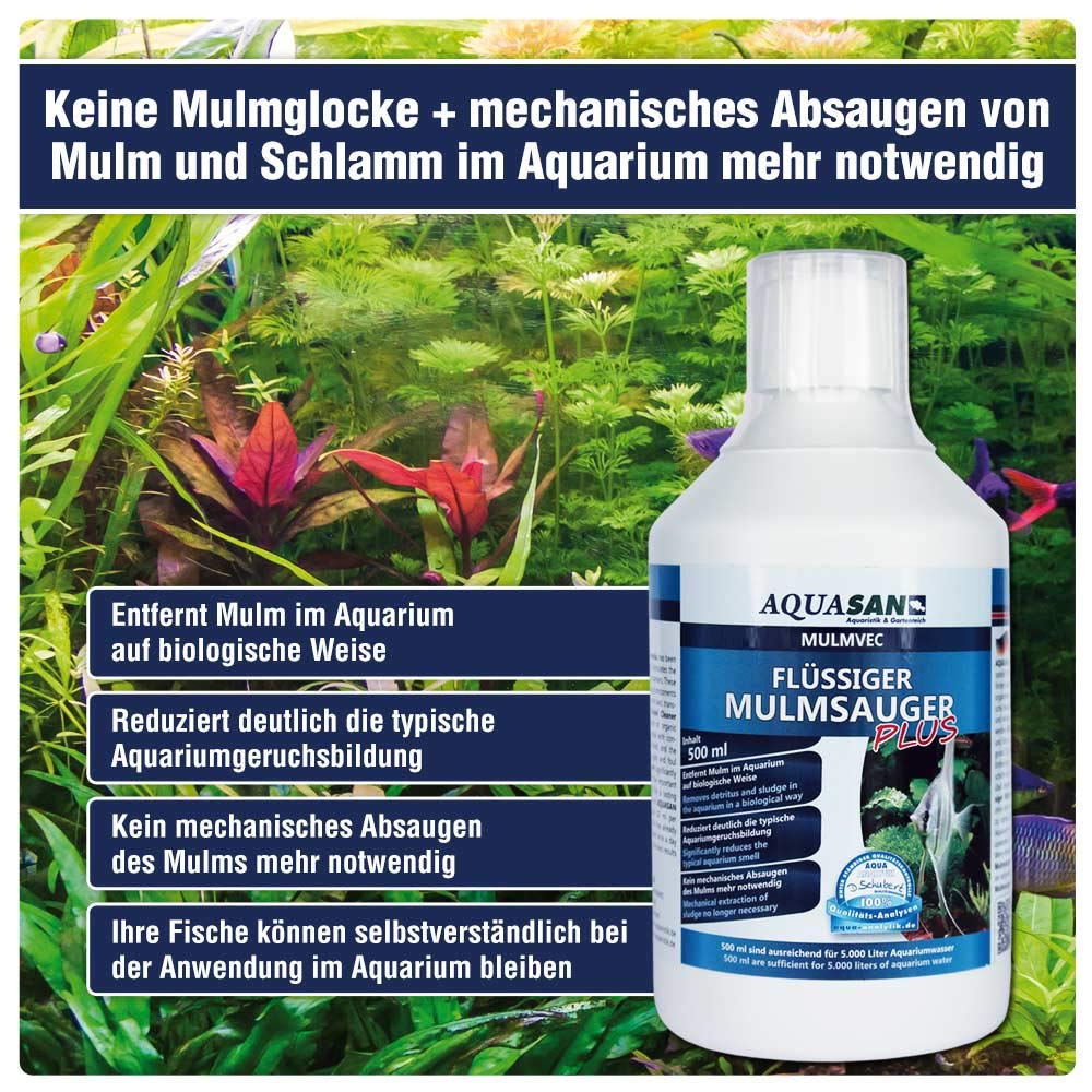 AQUASAN Aquarium Mulmvec Flüssiger Mulmsauger (Keine Mulmglocke + mechanisches Absaugen von Mulm, Schlamm im Aquarium mehr nötig, reduziert Aquariumgeruch), Inhalt:5 Liter