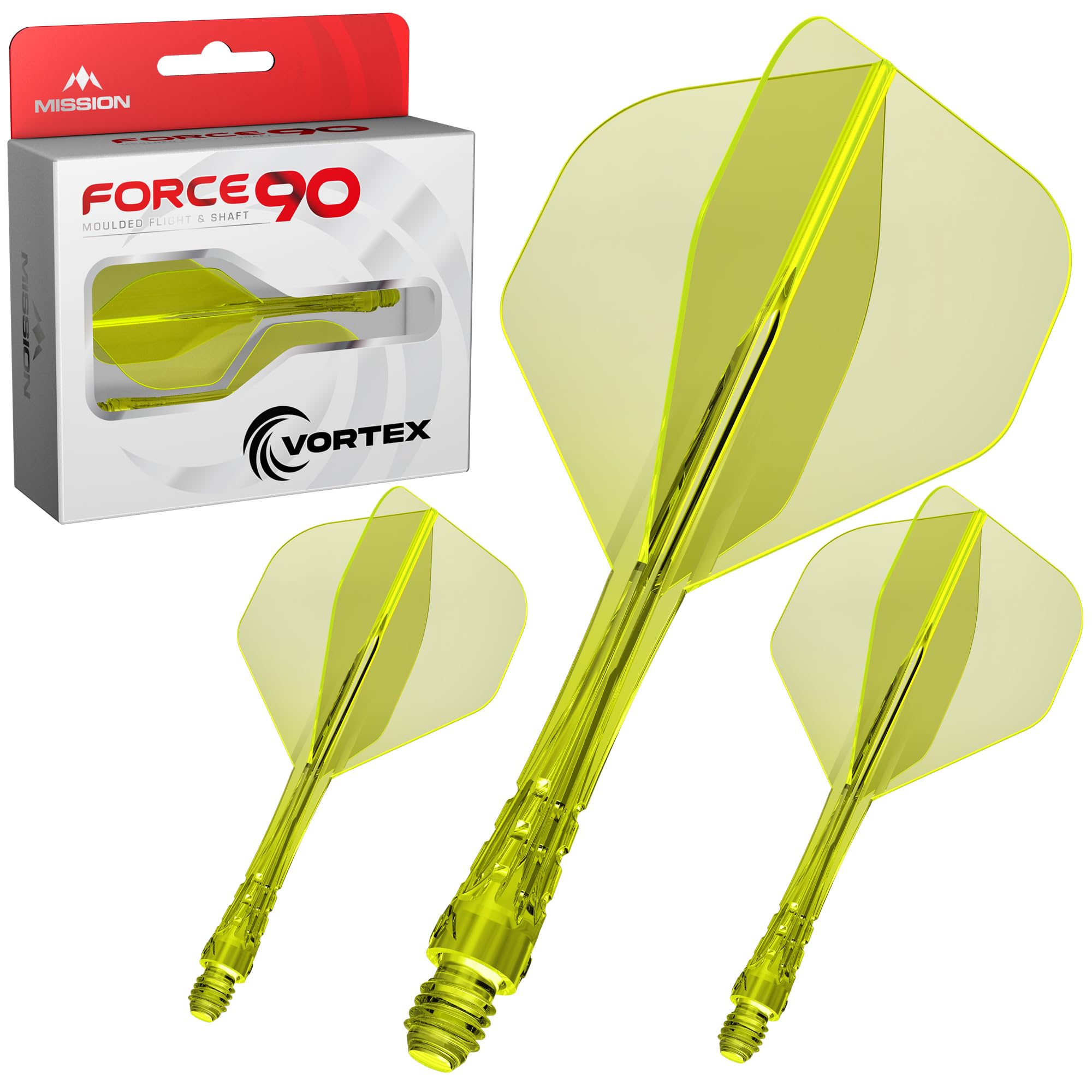 Mission Darts | Force 90 Vortex | Integrated Precision Moulded Dart Flight And Shaft System | Multiple Styles | Multiple Colours. (Standard No2 - Medium, Clear Neon Yellow)