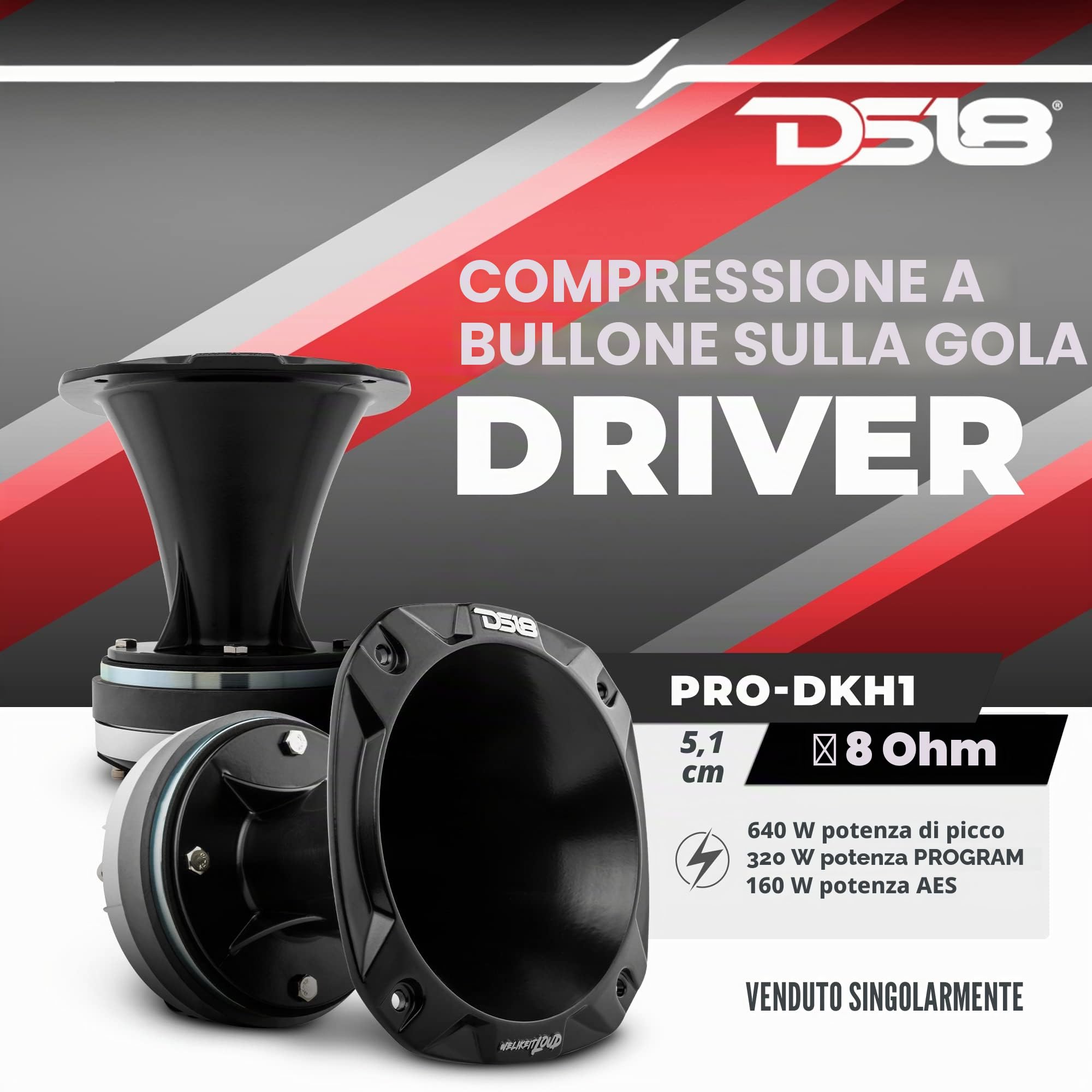 DS18 PRO-DKH1 - Driver a compressione da 5,1 cm, 1000 W, con clacson in alluminio