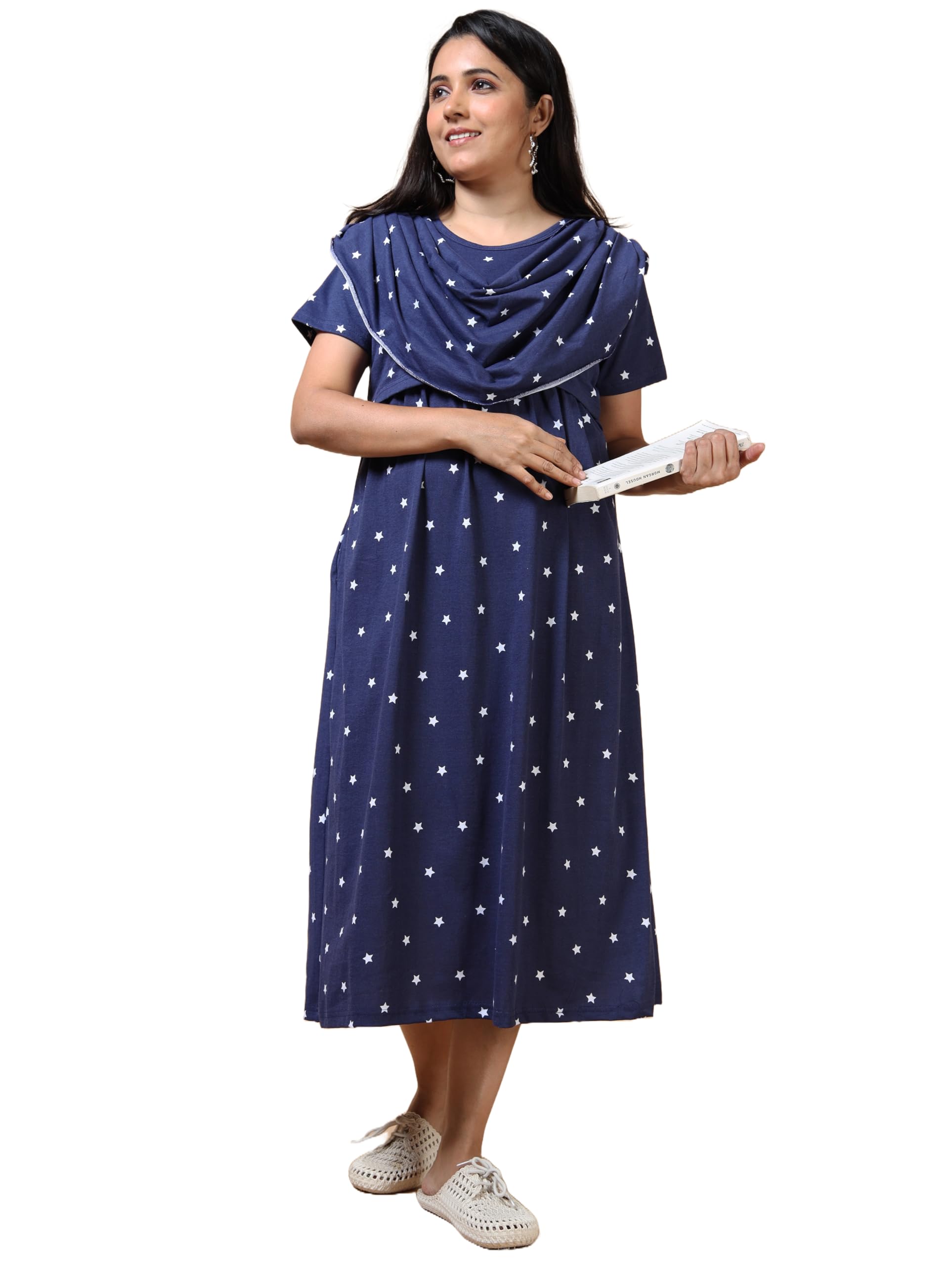 Women's Navy Blue Star Print Maternity Midi Dress with Draped Dupatta Style Short Sleeve-image-48