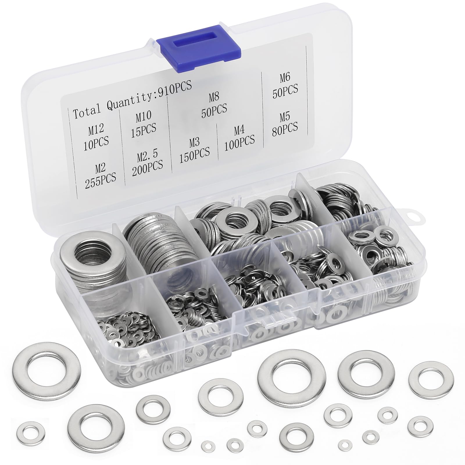 910 Pezzi Kit Rondelle Alzaporta, Rondelle Acciaio Inox, Rondella Metallo per Viti e Bulloni (M2, M2.5, M3, M4, M5, M6, M8, M10, M12)
