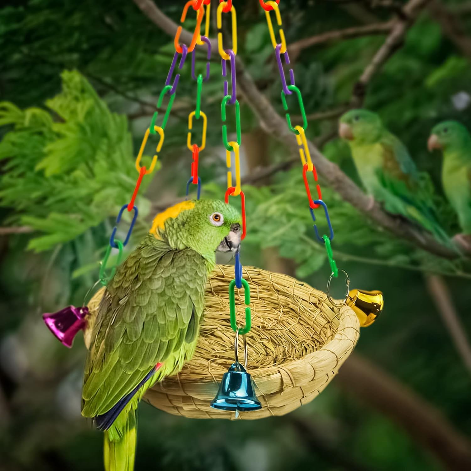 DIY Woven Straw Bird Nest,Handwoven Grass Hanging Parrot House Bird Cozy Resting Place Sleeping Bed Colorful Swing Toys for Cockatiel Parrots Parakeet Conures Finch Lovebird Cage Accessories (H01) : Pet Supplies