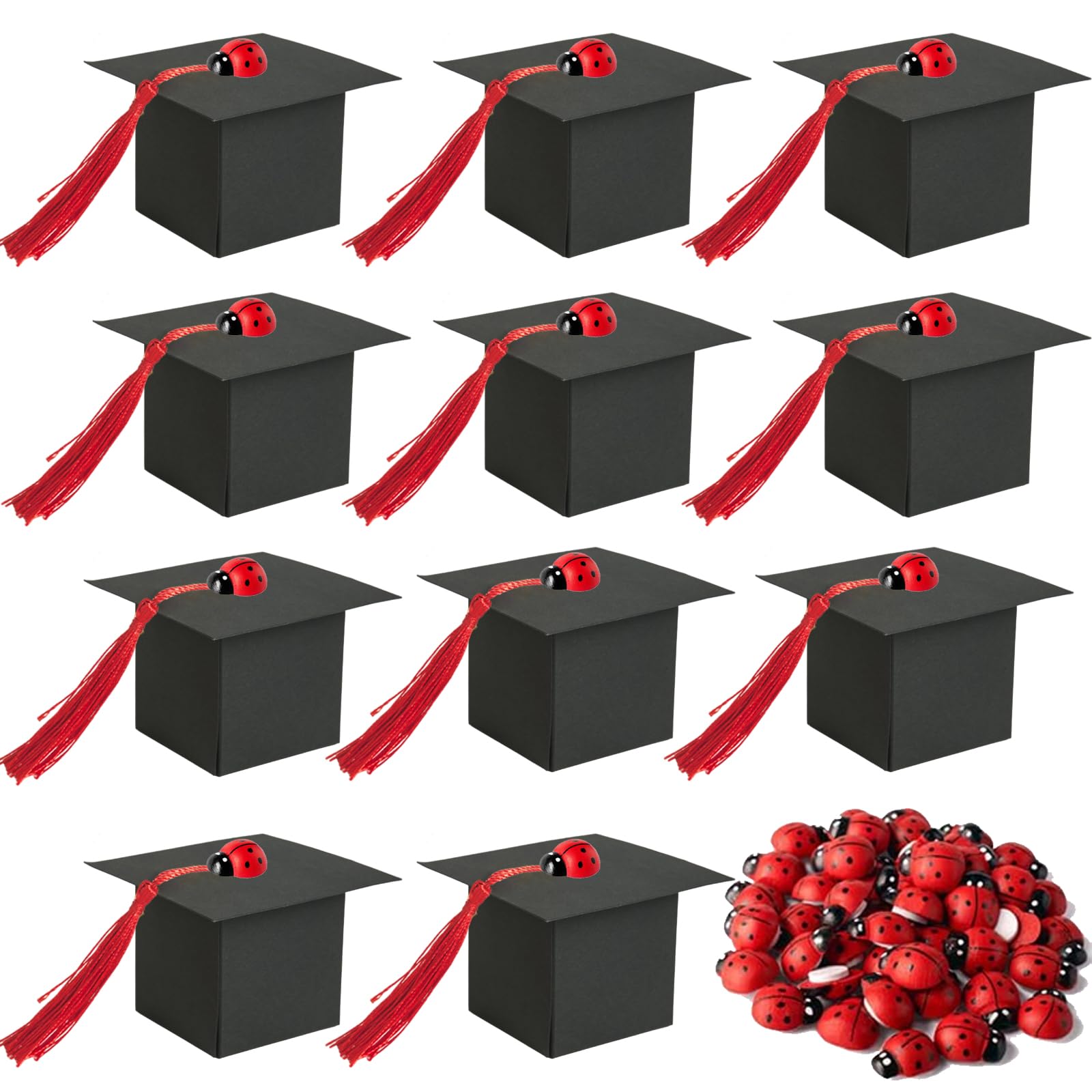 50 Pezzi Bomboniere Laurea Scatoline Confetti Laurea di Cappello in Kraft con 50 Ciondoli Coccinella 50 Nastri Rossi