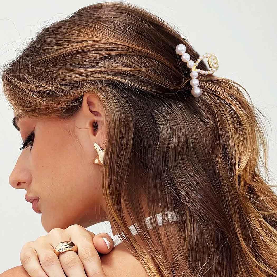 Reaky Pearl Claw Clips Gold Metal Hair Claws Mini Hair Clip Rhinestone Hair Accessories for Women, 1 count (Pack of 2) - Image 3