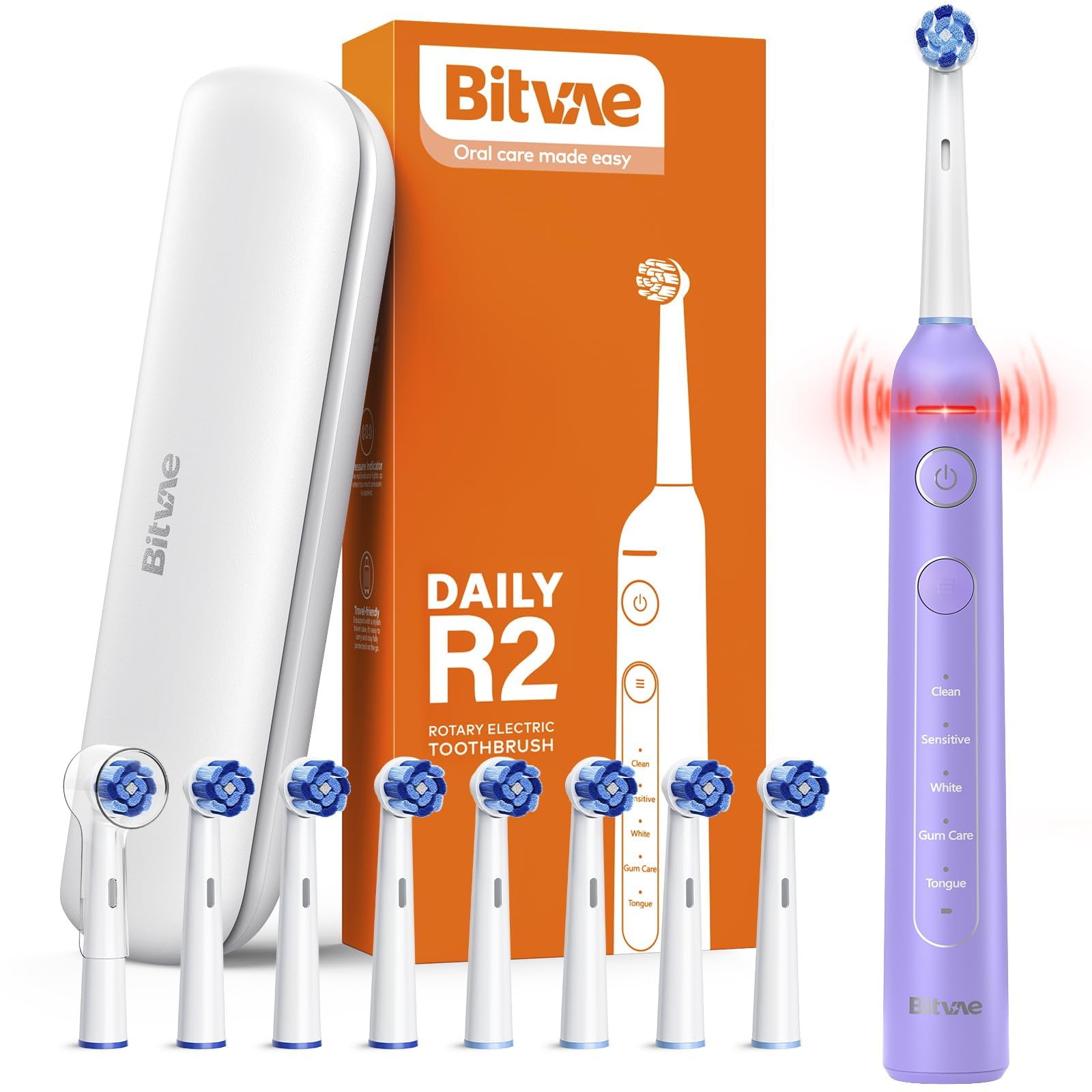 BitvaeR2 Rotating Electric Toothbrush for Adults with 8 Brush Heads, 5 Modes Rechargeable Power Toothbrush with Pressure Sensor, Purple