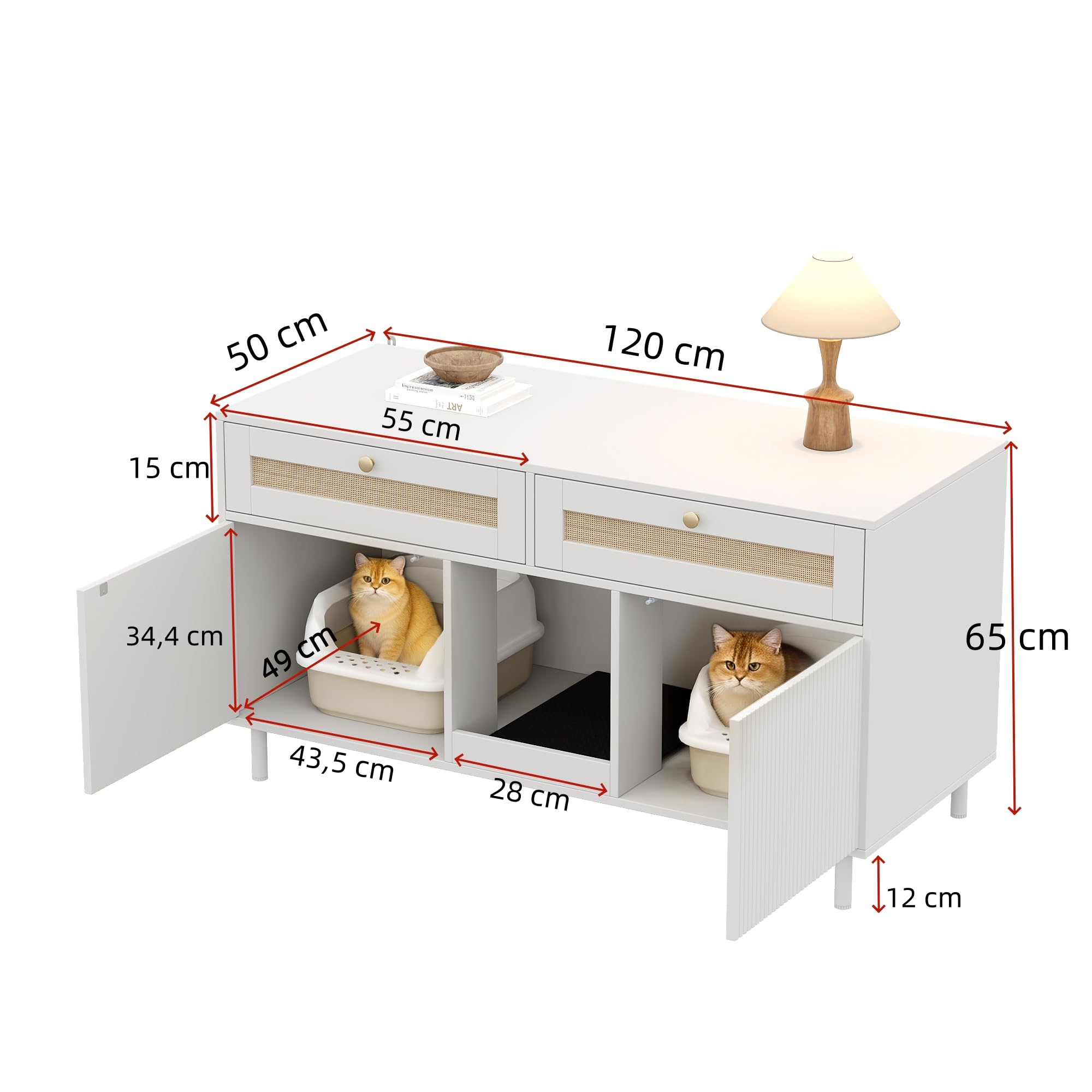 Katzentoilettenschrank mit Katzenstreufangmatte, Katzenstreuschrank, Haustierschrank mit Rattanschublade, Haustier-Sideboard/TV-Schrank, ohne Katzenstreu-Box, Weiß, 120x50x65 cm