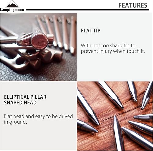 Vista 11 de CAMPINGMOON 7.87 pulgadas 8 piezas de acero inoxidable martensítico 420J2 endurecido forjado estaca estaca estaca de potencia ideal para suelo duro