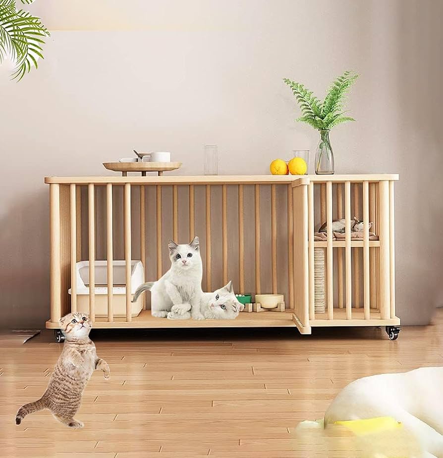 キャットケージ 無垢材フレーム 猫 ケージ ハンモック付 ネコケージ 木製フレーム 無垢材 収納型