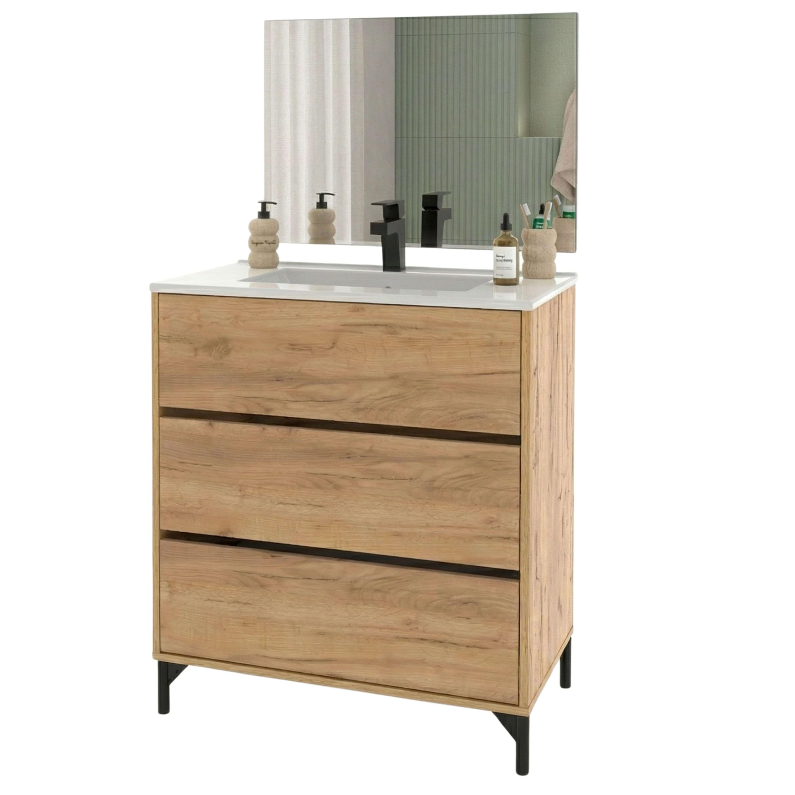 Miroytengo Mueble de Baño para Lavabo 80 cm Elba 3 Cajones Guías Metálicas Roble Kraft (SIN Lavabo)