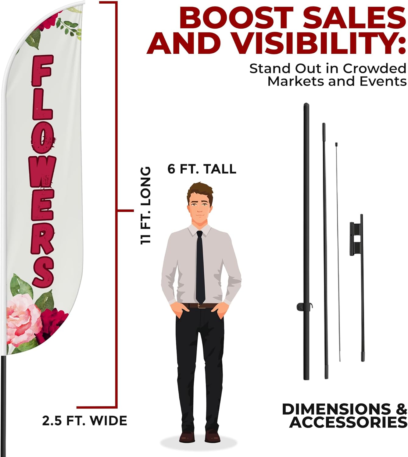 Flowers Sign Feather flag Pole Mount for Outdoor by Mavis Print | 11.5 FEET Long Polyester Outdoor Banner Flag Pole Kit for Easy Hang | HD Print Swooper Flag Pole Stand for Valentine's Day | US Made