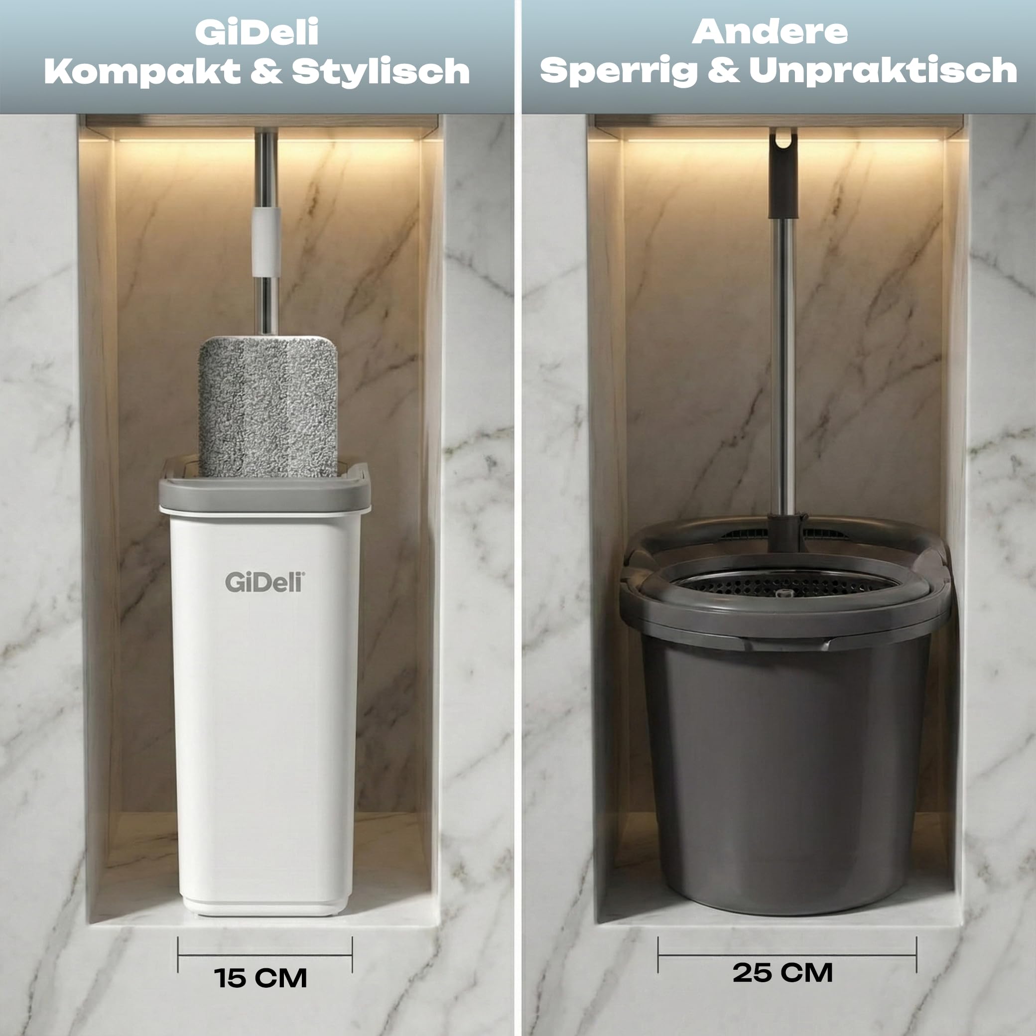 GiDeli Wischmopp und Eimer mit Auswringer-Set - Grau Flach Squeeze Mop Eimer Set für Bodenreinigung - Nass Trocken Mop für Wandreiniger mit langem Griff - Hartholz Bodenwischer mit 3 Mikrofasertüchern