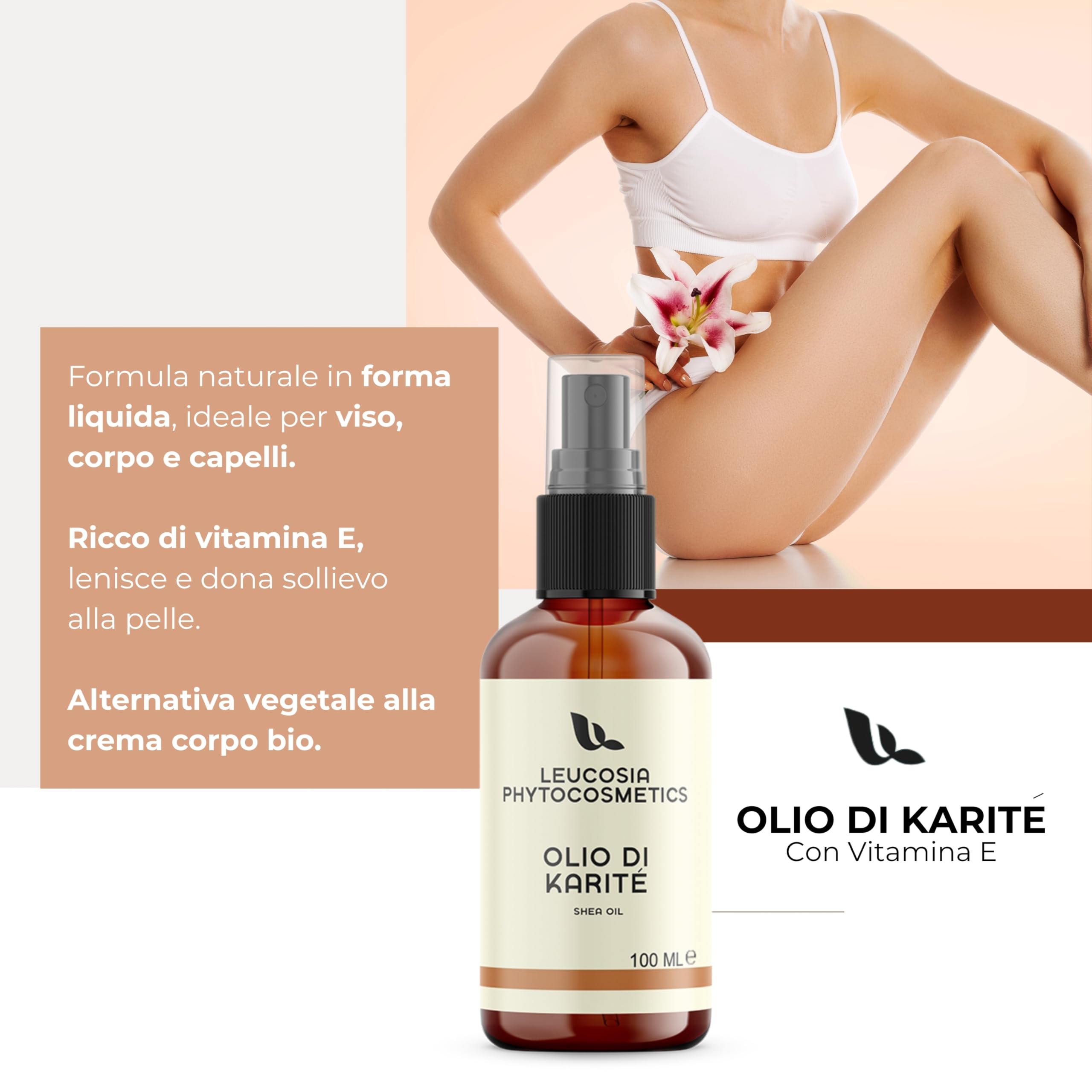 Leucosia Burro di Karitè Puro Liquido 100 ml, Comodo Flacone Spray, Idratante Naturale per Viso, Corpo, Capelli, Pelle Secca, Rughe e Smagliature