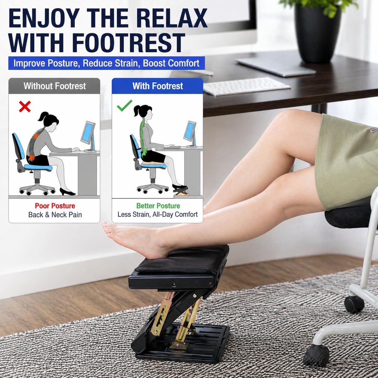 Fußstütze für unter dem Schreibtisch bei der Arbeit, 4-stufig höhenverstellbar, ergonomisch, faltbar, Fußstütze für Büro, Gaming, Computer, weiche und abnehmbare Unterlage