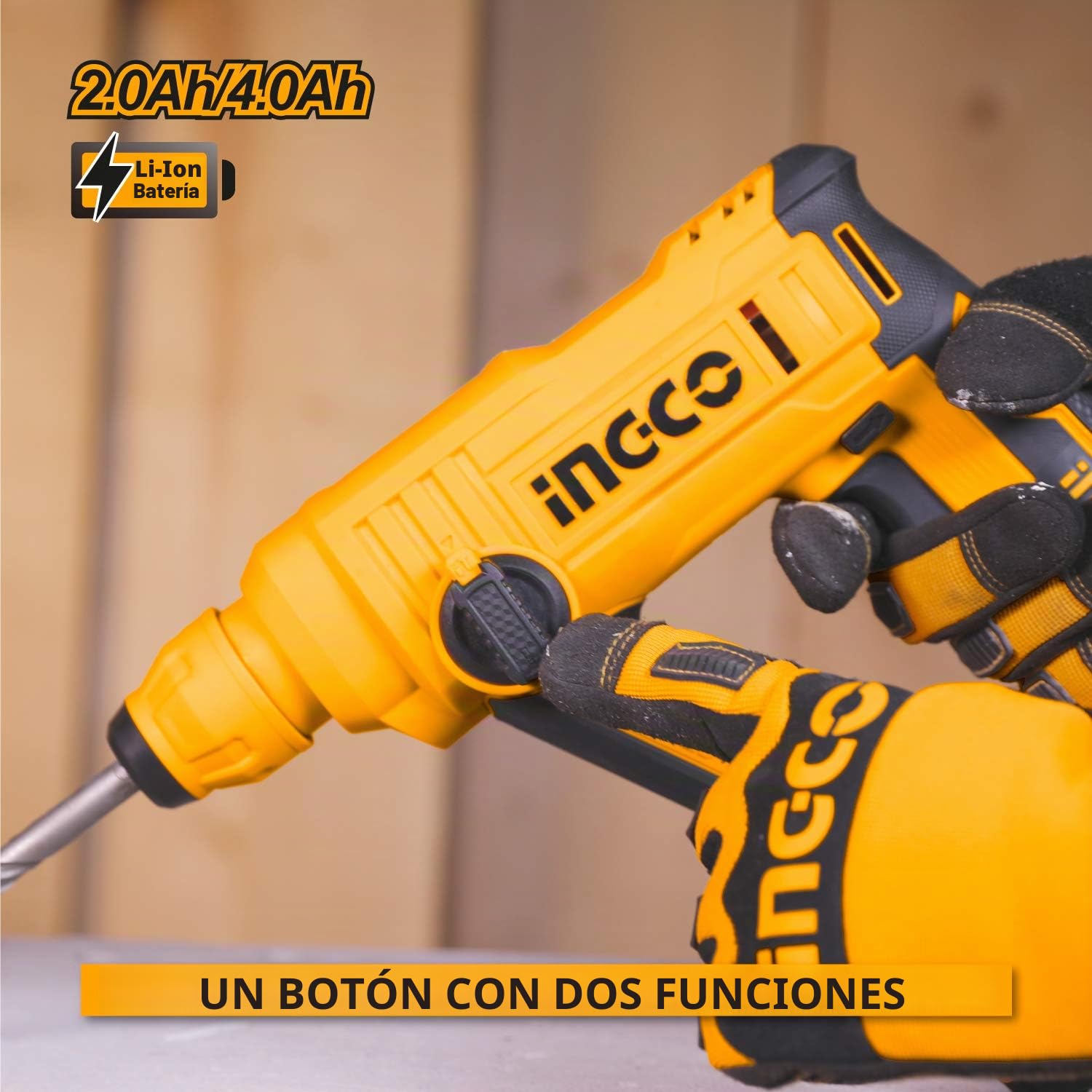 Martillo Perforador Inalámbrica INGCO 20V 4.0 Ah Batería Professional con 3 brocas SDS-Plus, 1.5J Φ13 máxi en hormigón, 2 en 1 rotación, luz LED