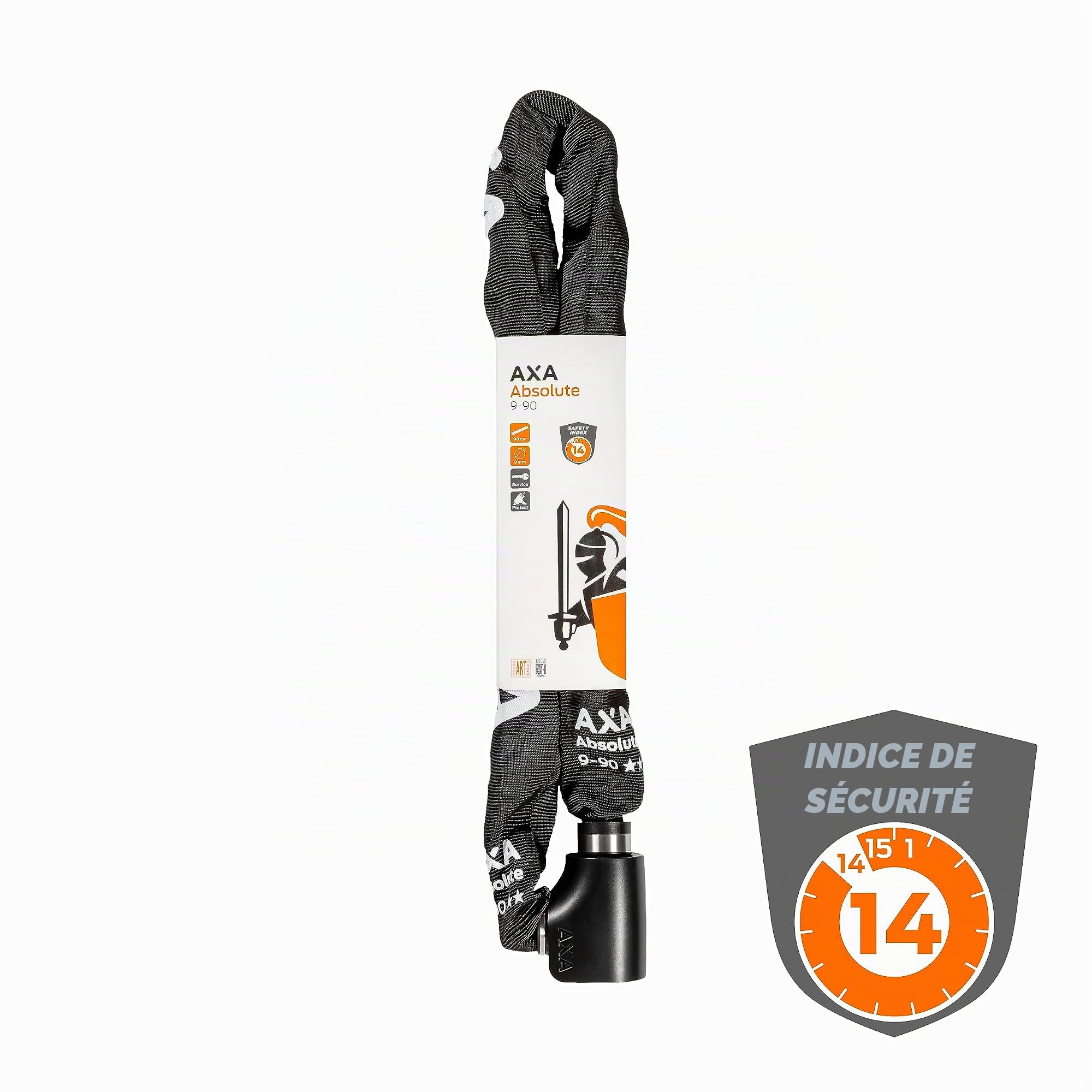 AXA Absolute 9 Antivol de vélo, Chaîne antivol, Cadenas pour vélo et scooter, Sécurité 14 sur 15, 90 cm x 9 mm, Housse en polyester noir